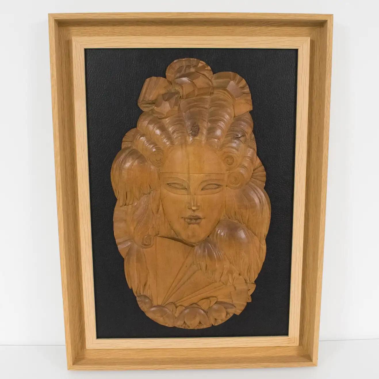 Art Deco Handcrafted Wood Panel Wall Sculpture Venetian Mask, 1930s For Sale 3