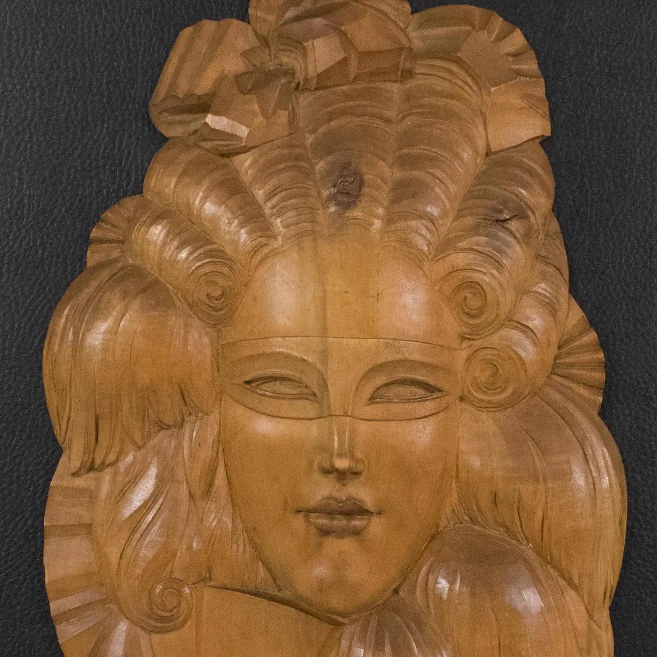 Art Deco Handcrafted Wood Panel Wall Sculpture Venetian Mask, 1930s For Sale 5