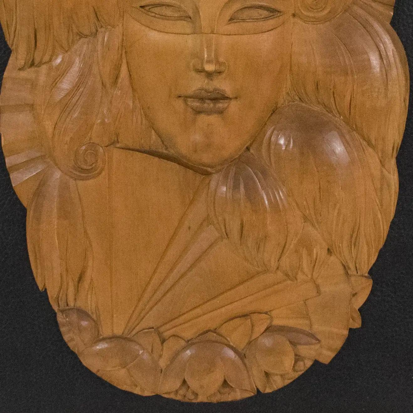Art Deco Handcrafted Wood Panel Wall Sculpture Venetian Mask, 1930s For Sale 6
