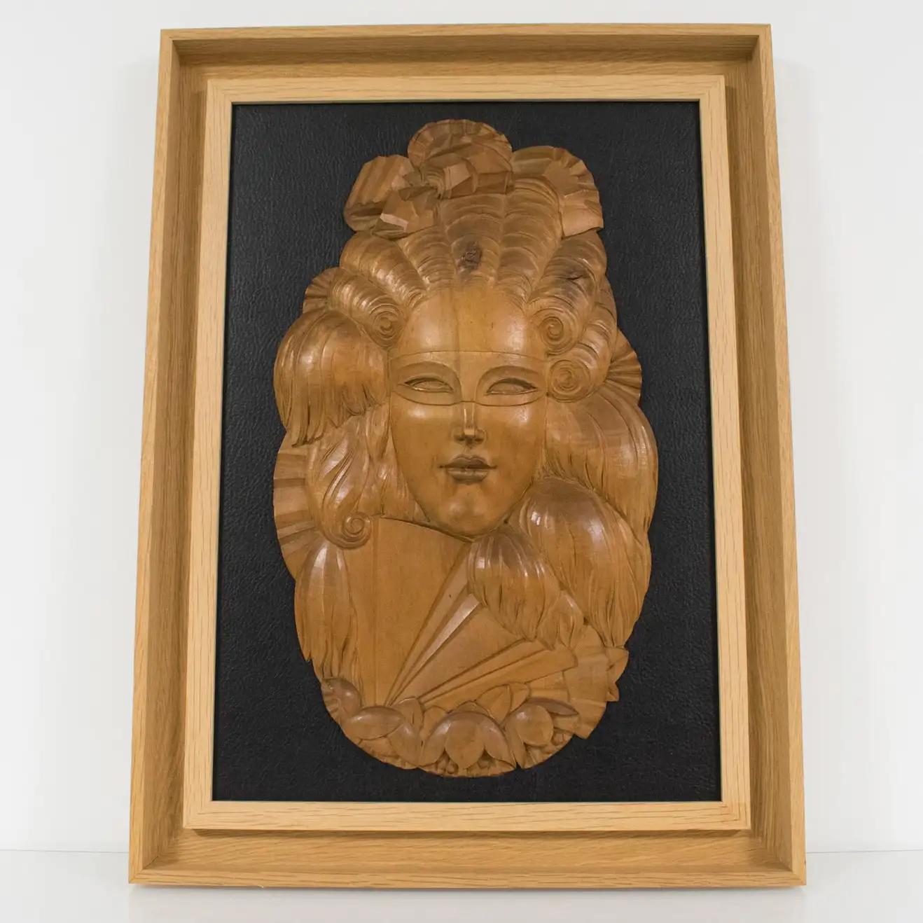 Art Deco Handcrafted Wood Panel Wall Sculpture Venetian Mask, 1930s For Sale 7