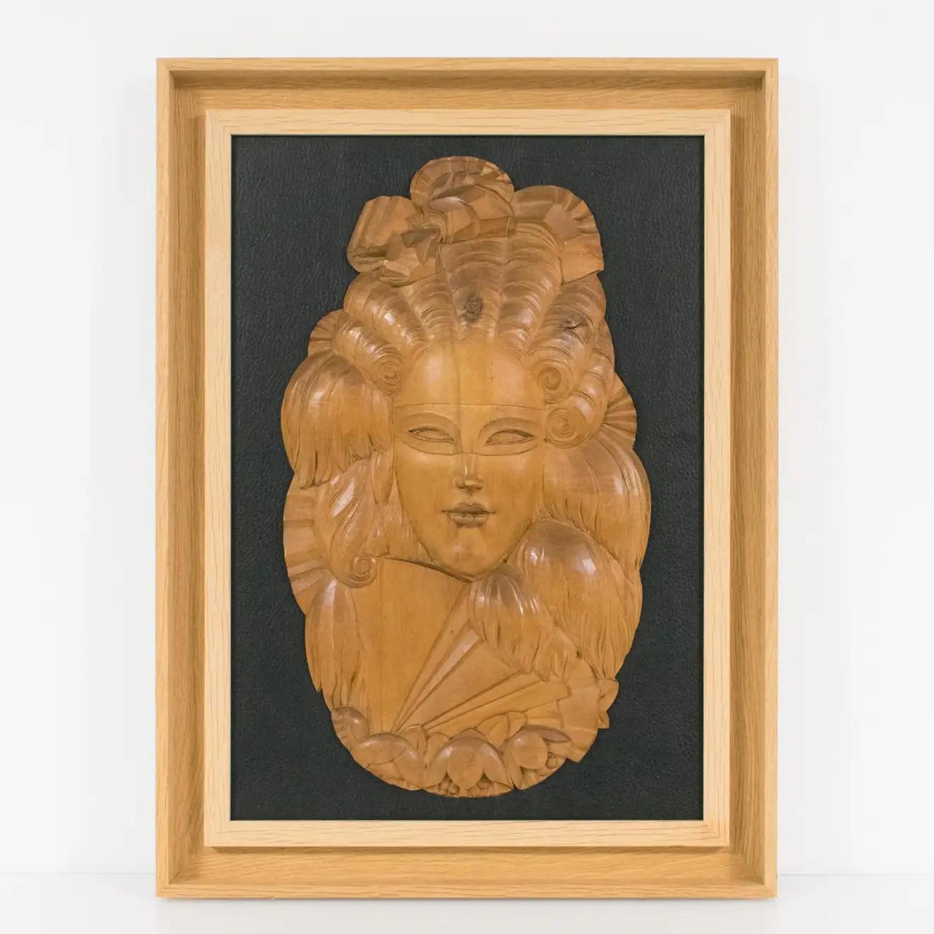 French Art Deco Handcrafted Wood Panel Wall Sculpture Venetian Mask, 1930s For Sale