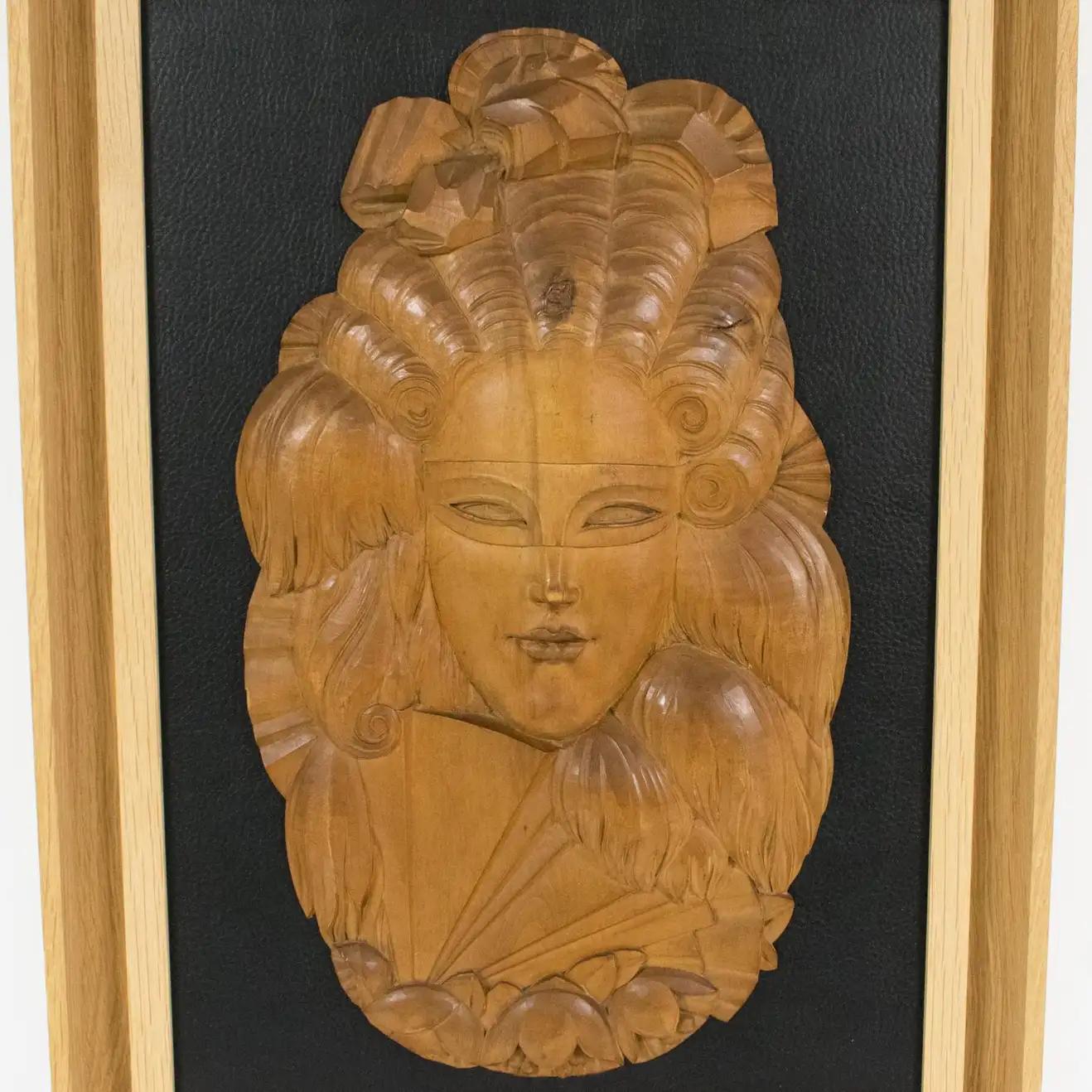 Mid-20th Century Art Deco Handcrafted Wood Panel Wall Sculpture Venetian Mask, 1930s For Sale