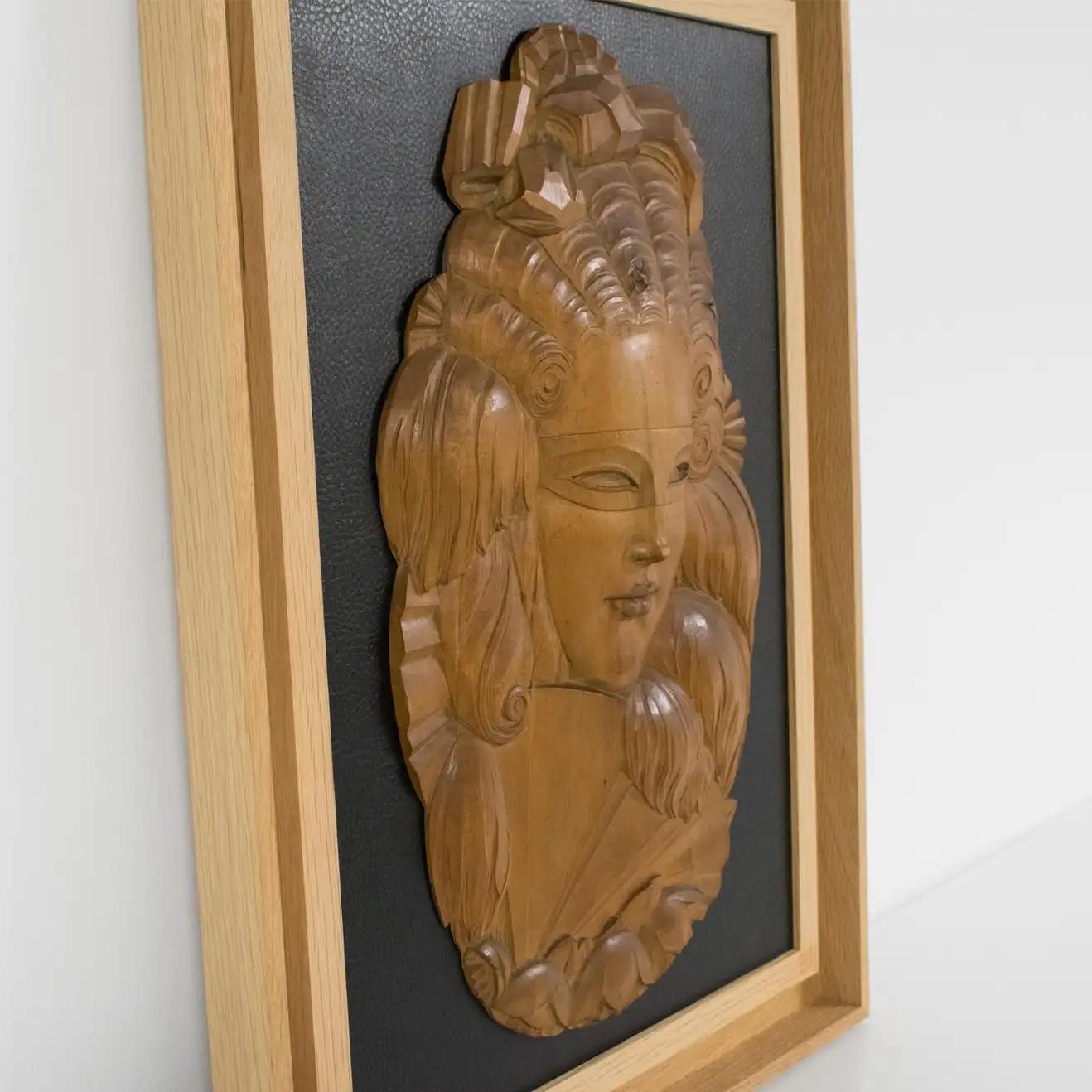 Mid-20th Century Art Deco Handcrafted Wood Panel Wall Sculpture Venetian Mask, 1930s For Sale