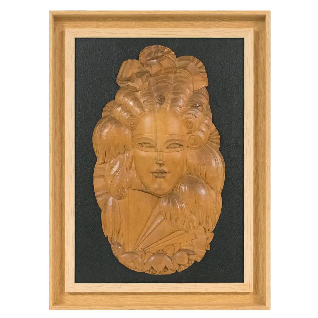 Art Deco Handcrafted Wood Panel Wall Sculpture Venetian Mask