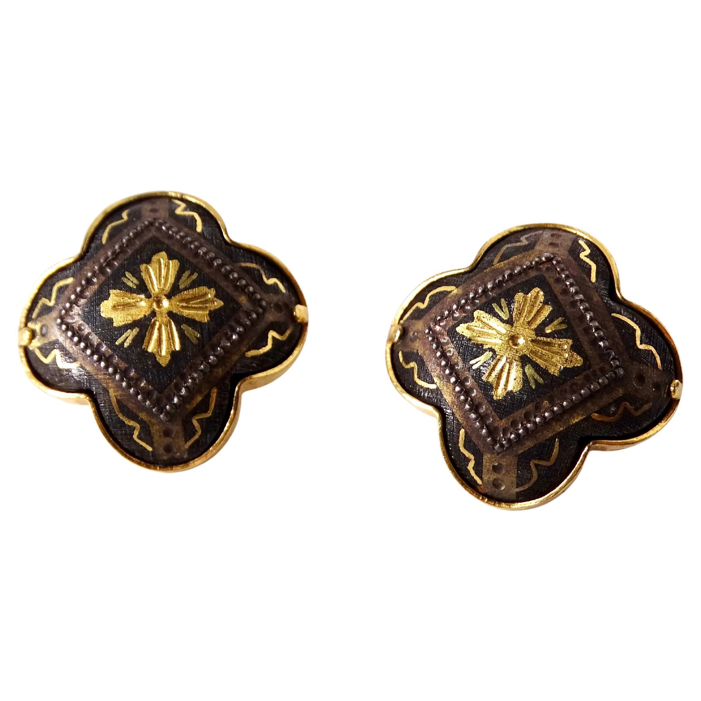 Art Deco Handmade Damascene Clover 18k Gold Plated Earrings For Sale