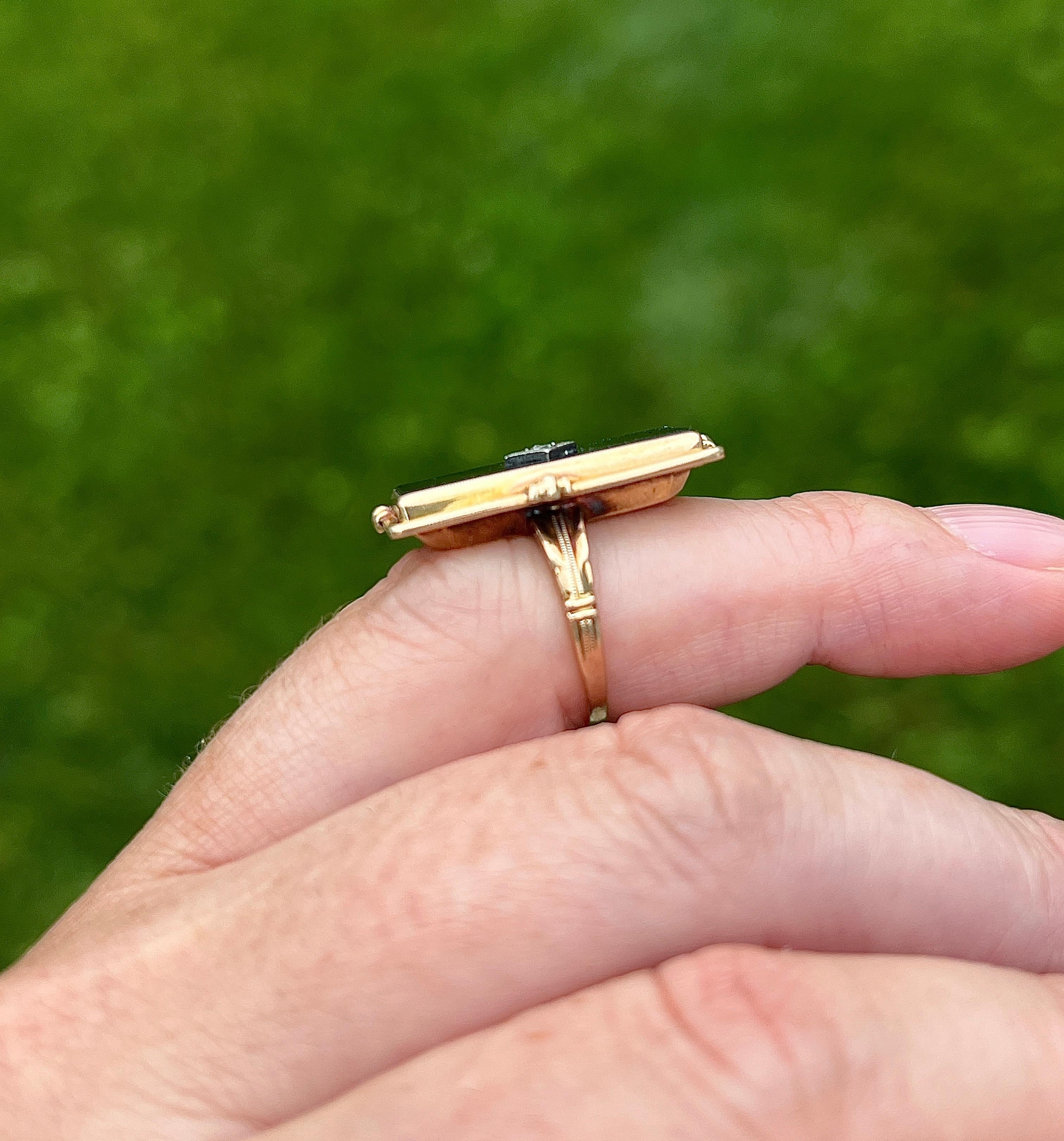 Art Deco Handmade Onyx and Diamond 10k Yellow and White Gold Cocktail Ring 1930s For Sale 6