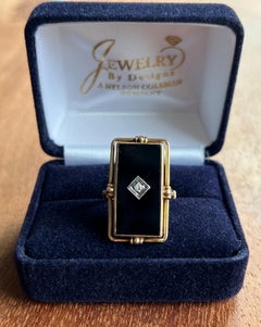 Art Deco Handmade Onyx and Diamond 10k Yellow and White Gold Cocktail Ring 1930s