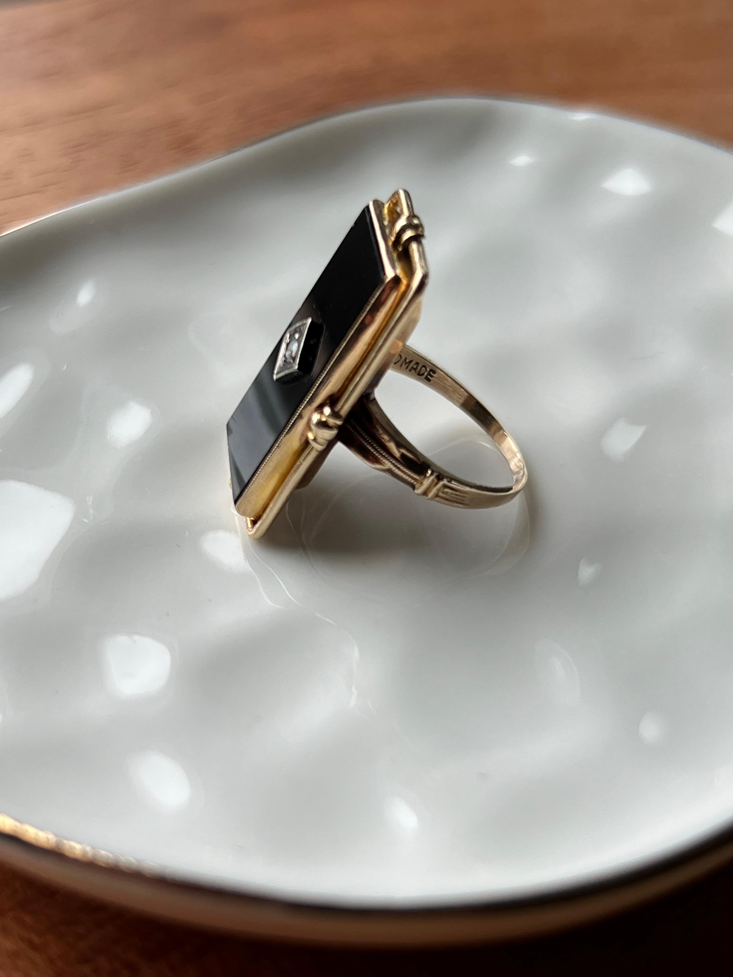 Art Deco Handmade Onyx and Diamond 10k Yellow and White Gold Cocktail Ring 1930s In Good Condition For Sale In Towson, MD