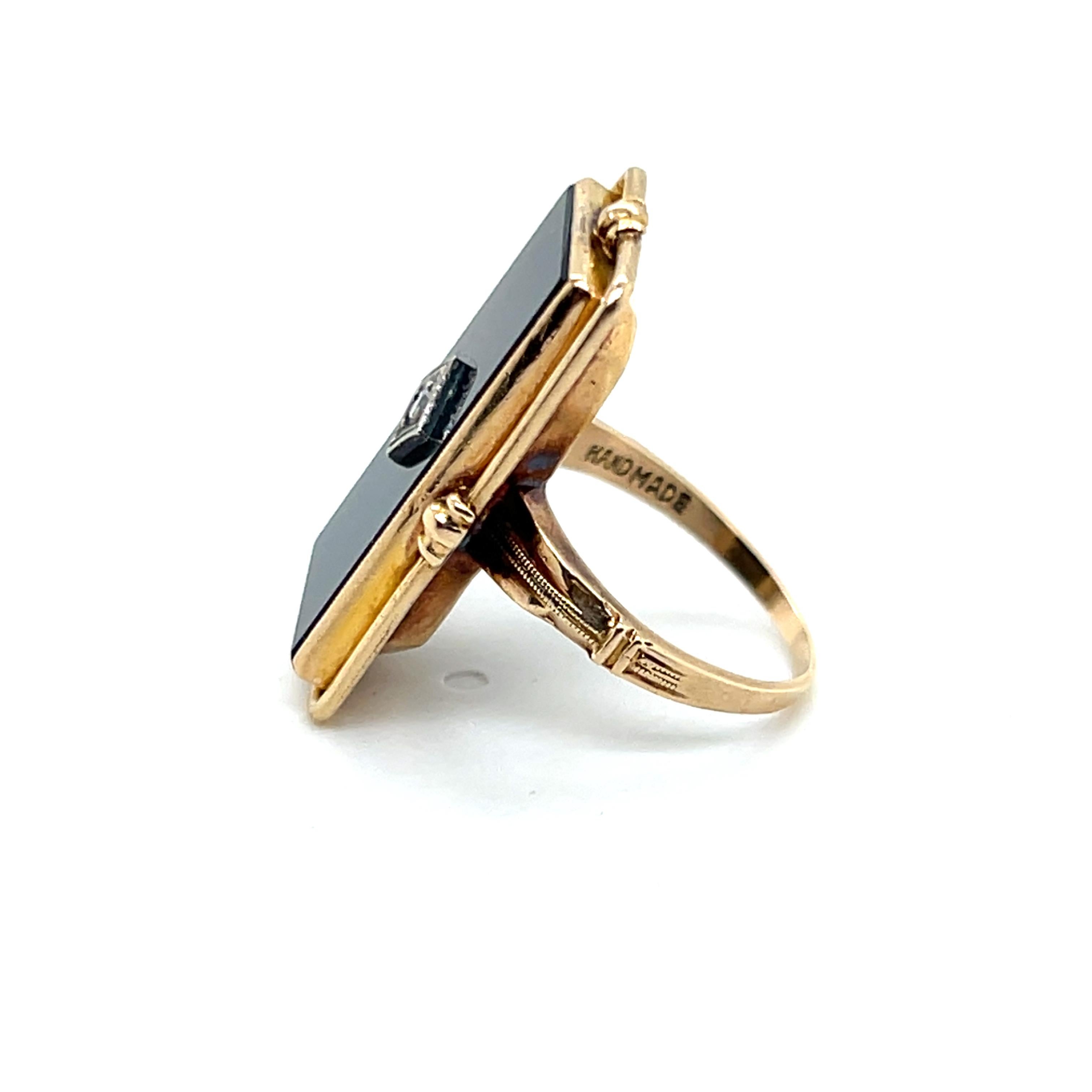 Art Deco Handmade Onyx and Diamond 10k Yellow and White Gold Cocktail Ring 1930s For Sale 1