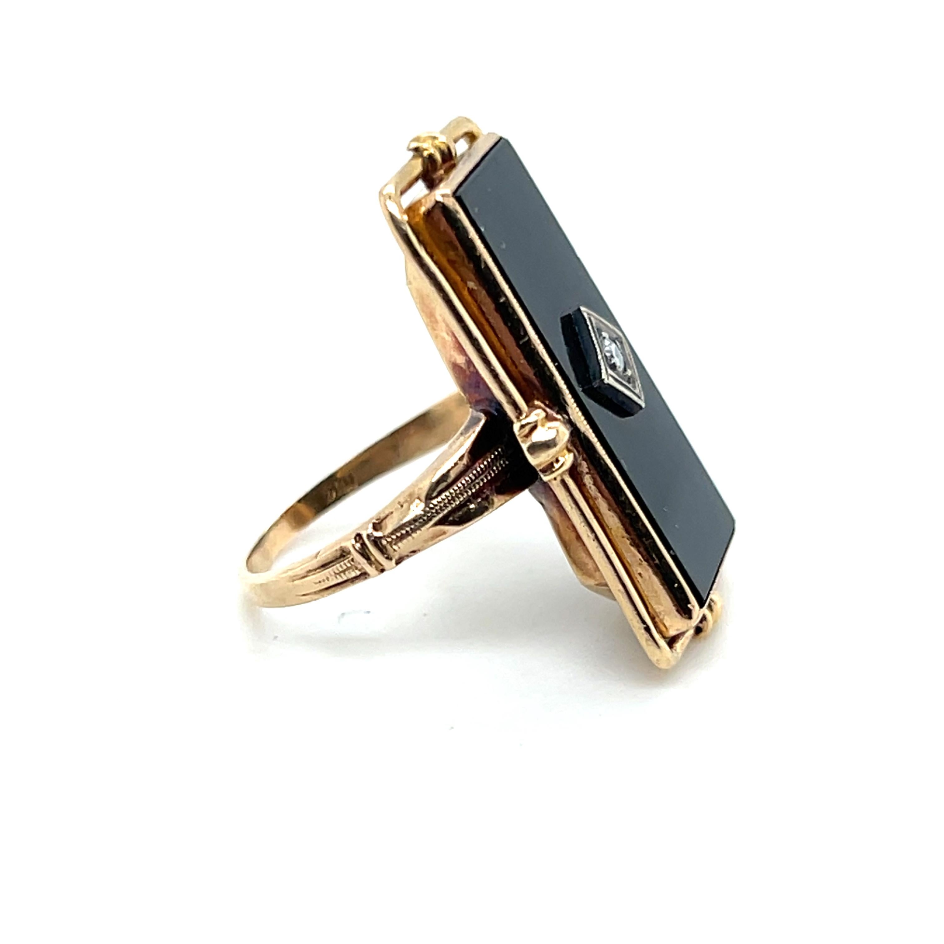 Art Deco Handmade Onyx and Diamond 10k Yellow and White Gold Cocktail Ring 1930s For Sale 3