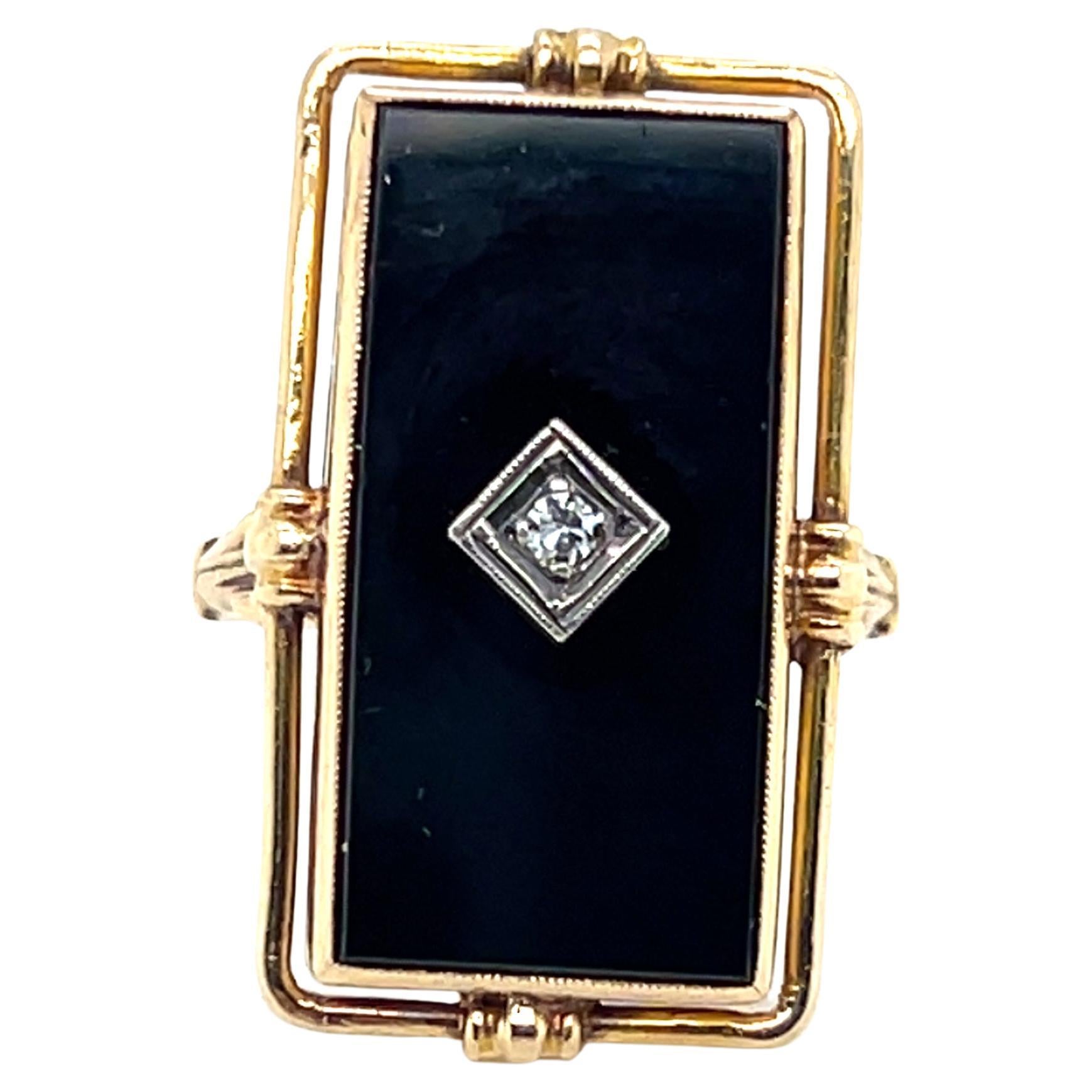 Art Deco Handmade Onyx and Diamond 10k Yellow and White Gold Cocktail Ring 1930s For Sale