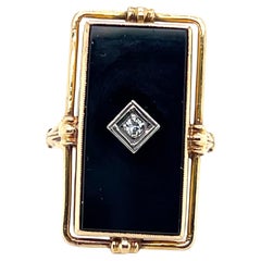 Art Deco Handmade Onyx and Diamond 10k Yellow and White Gold Cocktail Ring 1930s