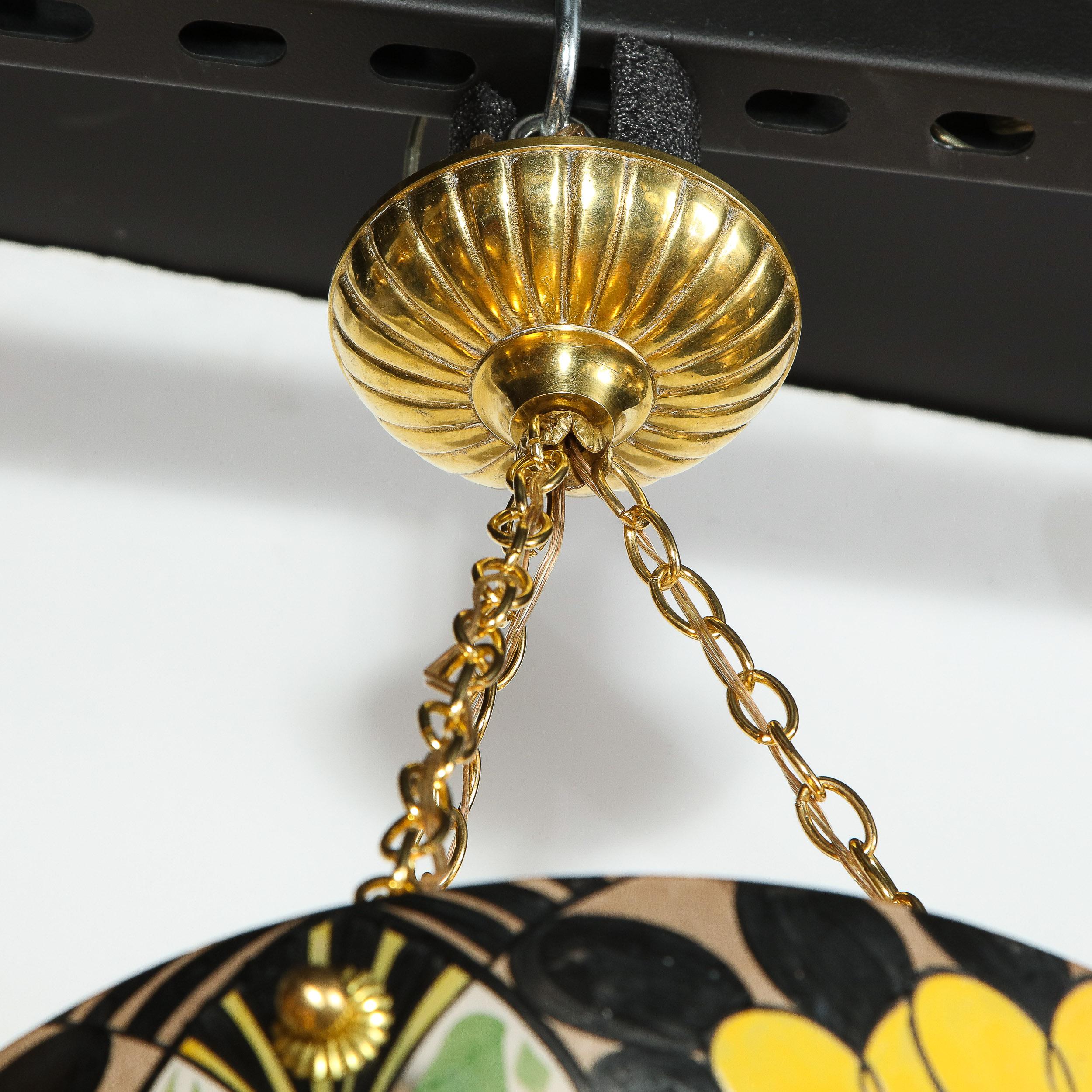 Mid-20th Century Art Deco Hand Painted Chandelier with Antiqued Brass Fittings by Pierre D'Avesne