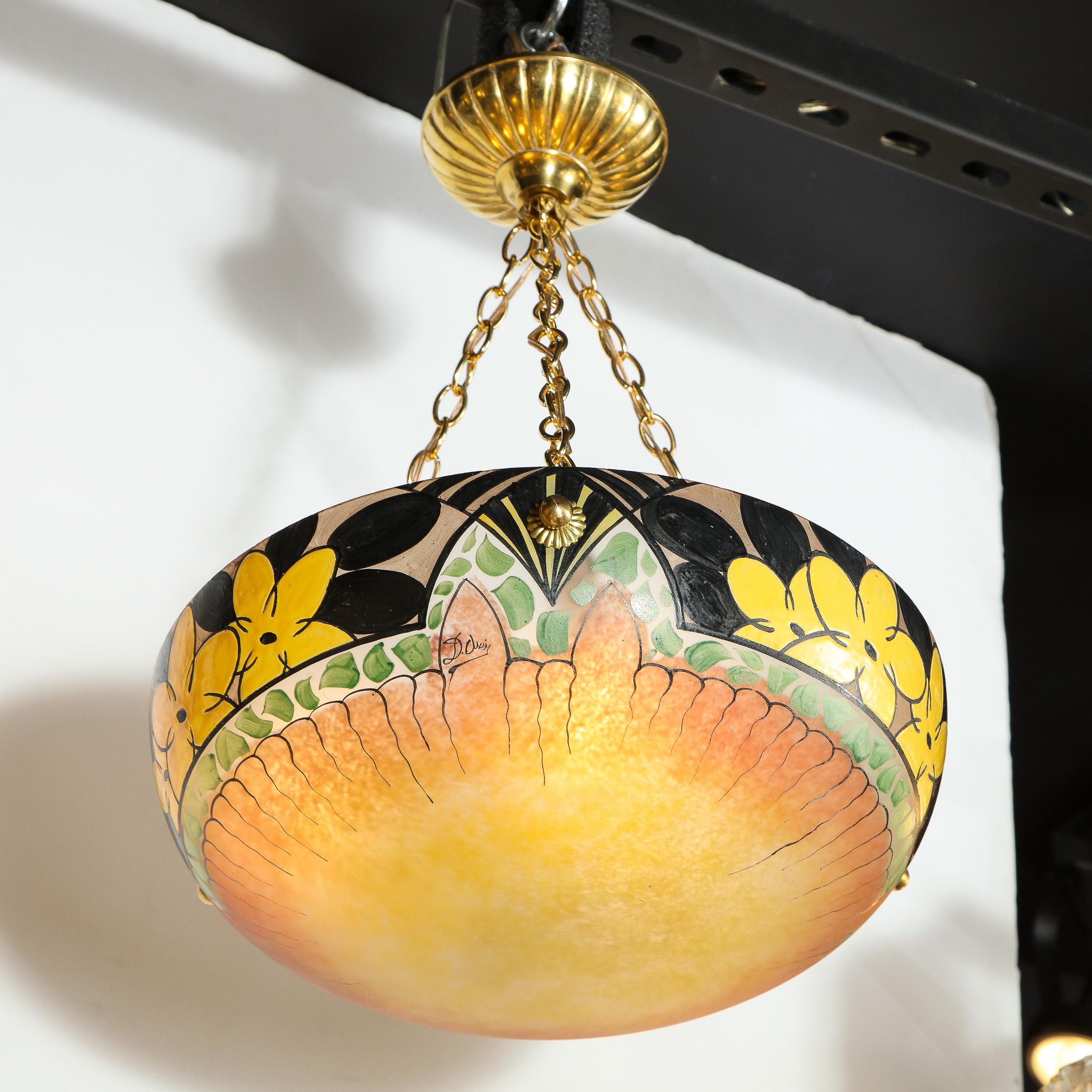 Art Deco Hand Painted Chandelier with Antiqued Brass Fittings by Pierre D'Avesne 1