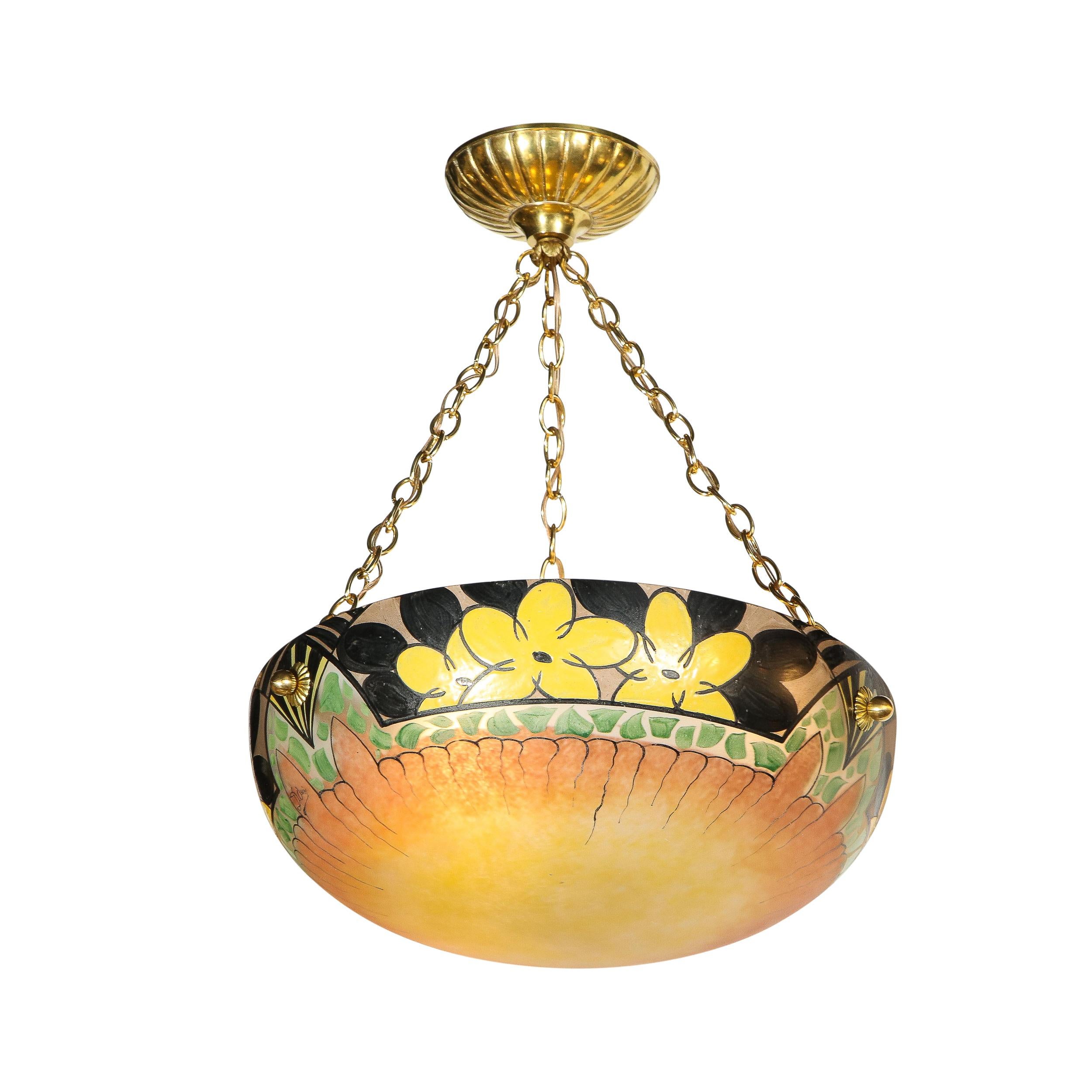Art Deco Hand Painted Chandelier with Antiqued Brass Fittings by Pierre D'Avesne 2