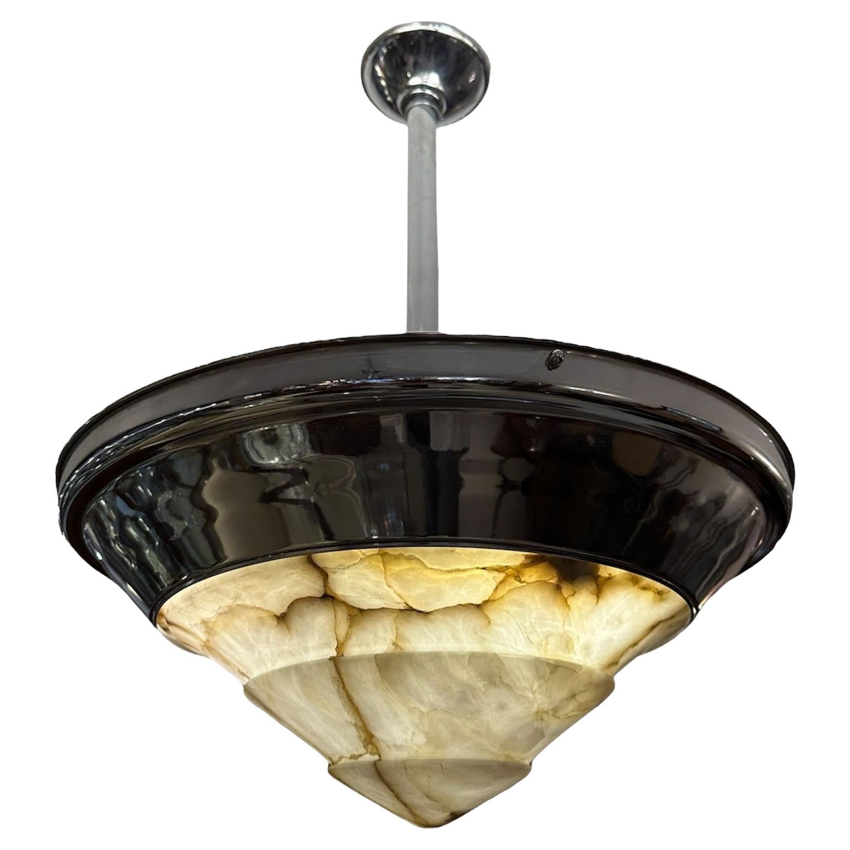 Art Deco Hanging Lamp in Chrome and Alabaster, German, 1930