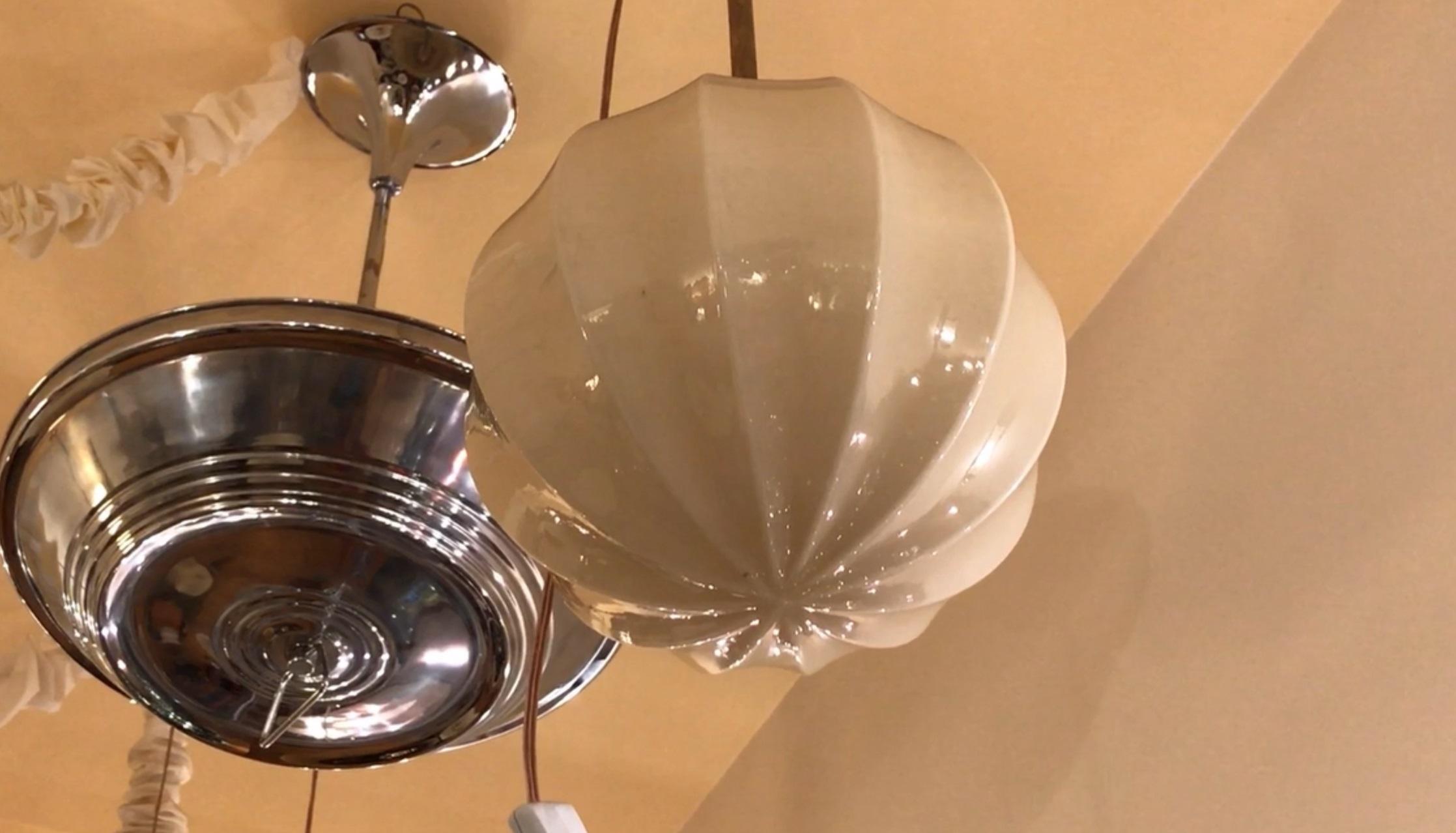 Opaline Glass Art Deco Hanging Lamp in opaline and Bronze, 1930, German For Sale