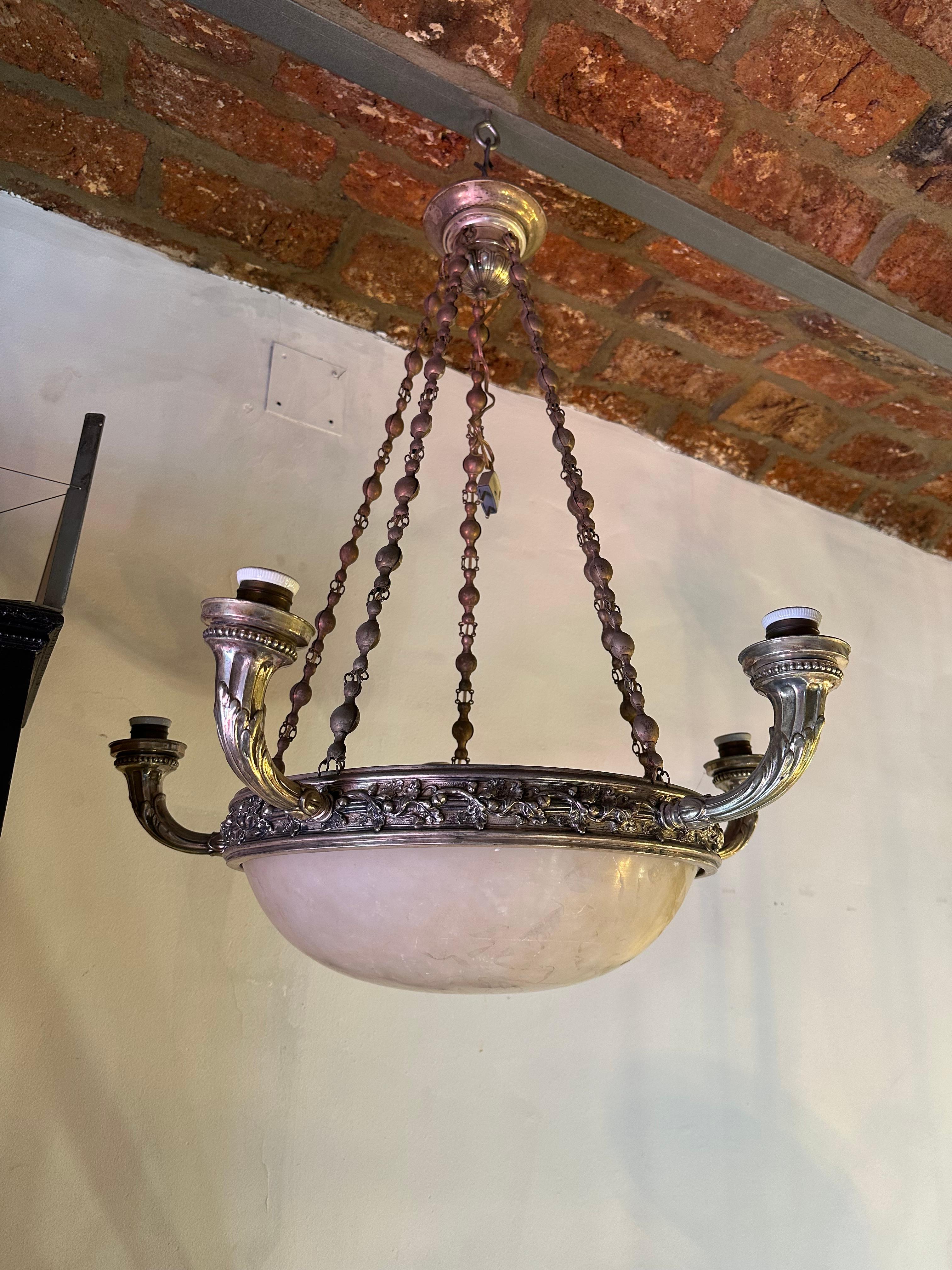 Art Nouveau Hanging Lamp in silver-plated bronze and alabaster , France, 1900 For Sale 4