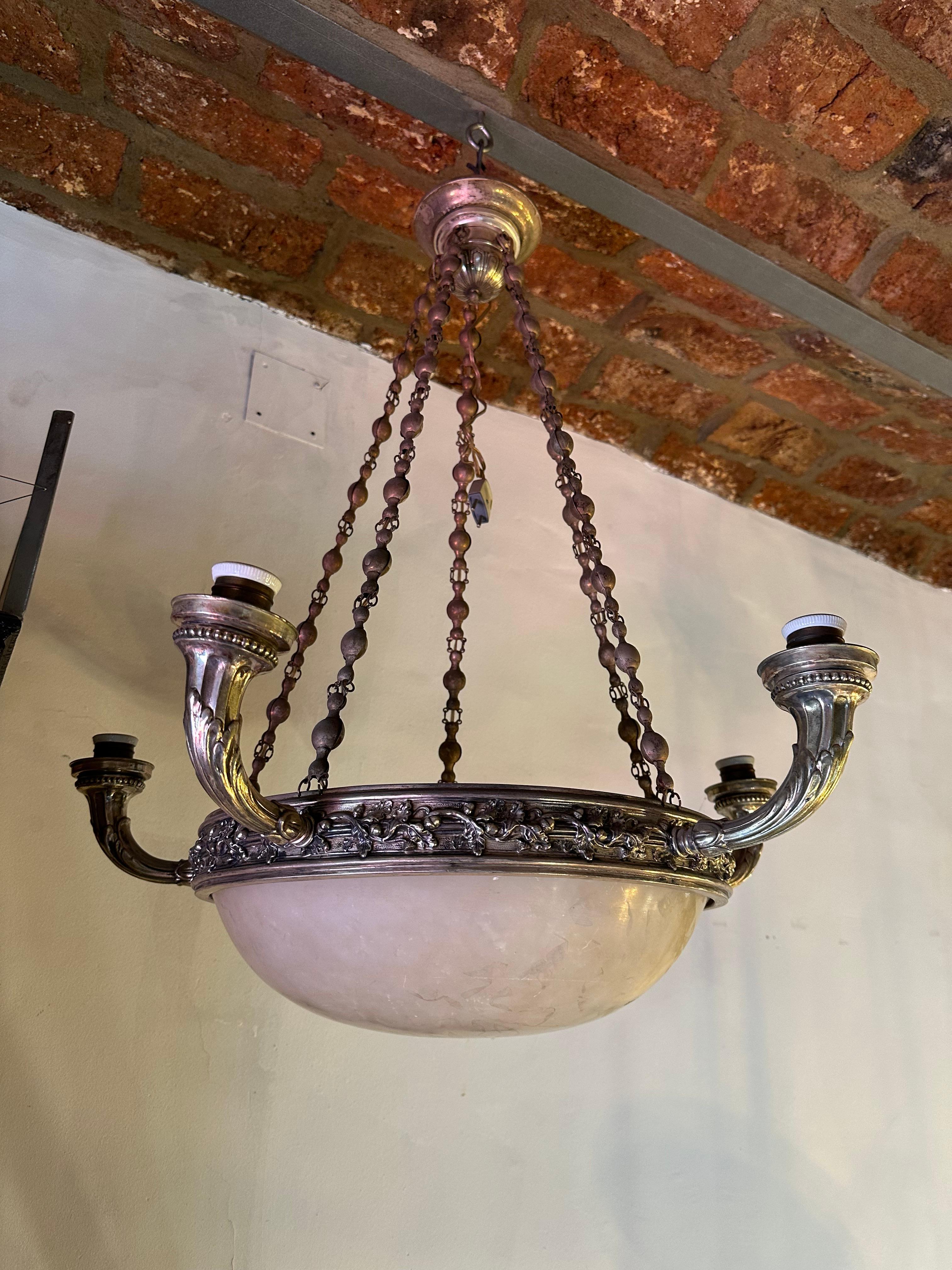 Art Nouveau Hanging Lamp in silver-plated bronze and alabaster , France, 1900 For Sale 5