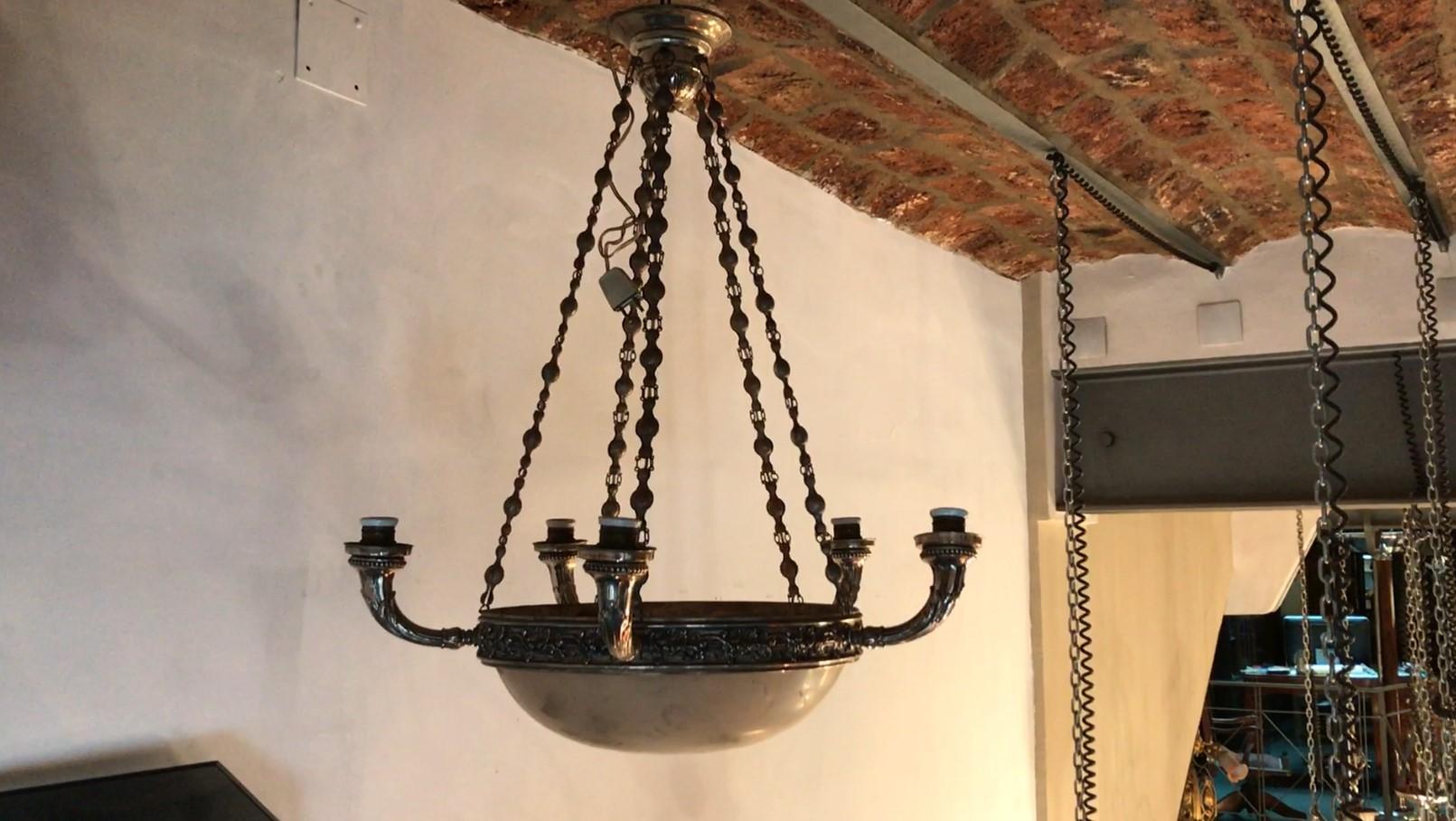 Hanging lamp.
Material:  silver-plated bronze and alabaster
Style: Art Deco
To take care of your property and the lives of our customers, the new wiring has been done.
We have specialized in the sale of Art Deco and Art Nouveau and Vintage styles