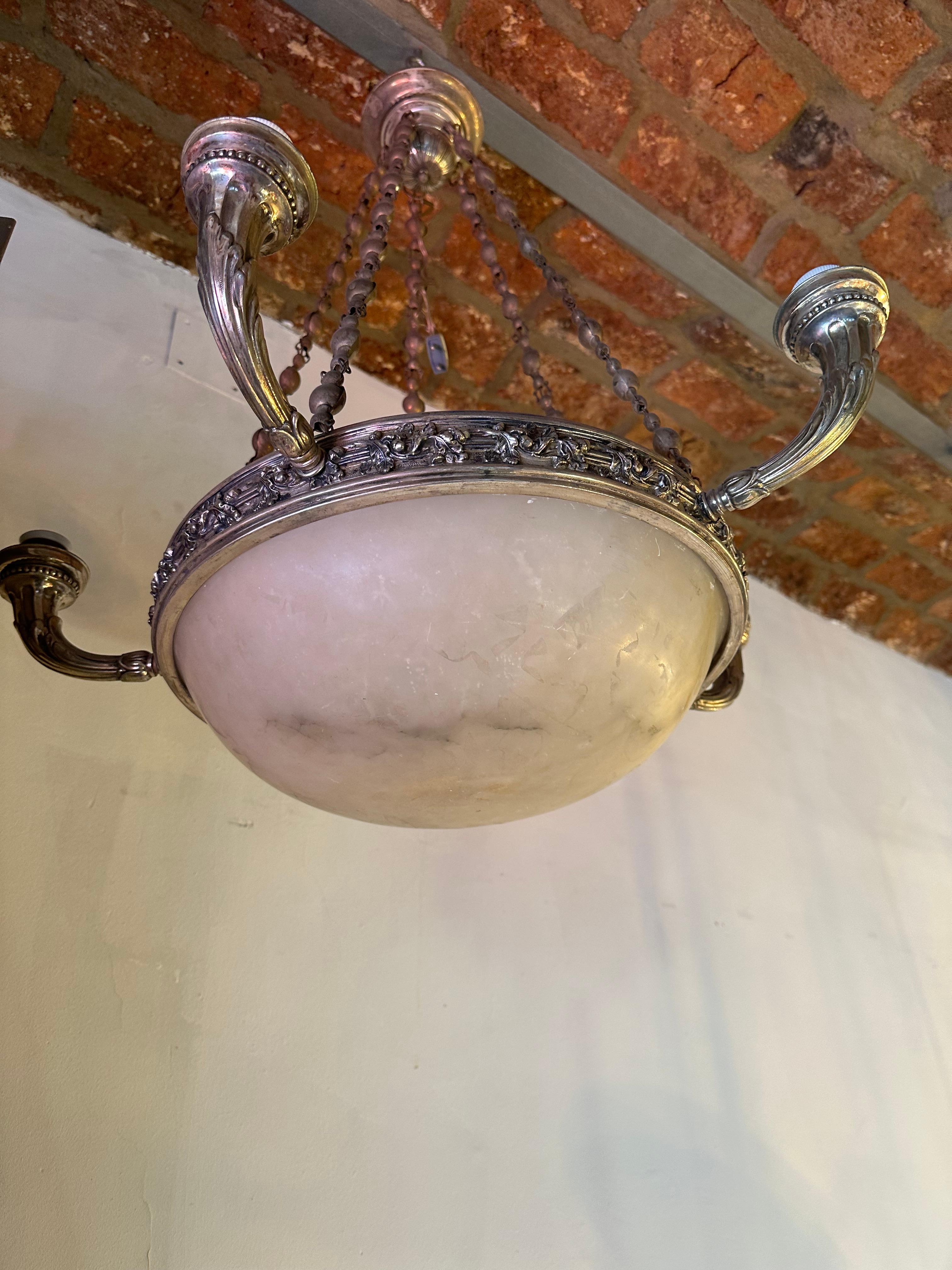 Art Nouveau Hanging Lamp in silver-plated bronze and alabaster , France, 1900 For Sale 3