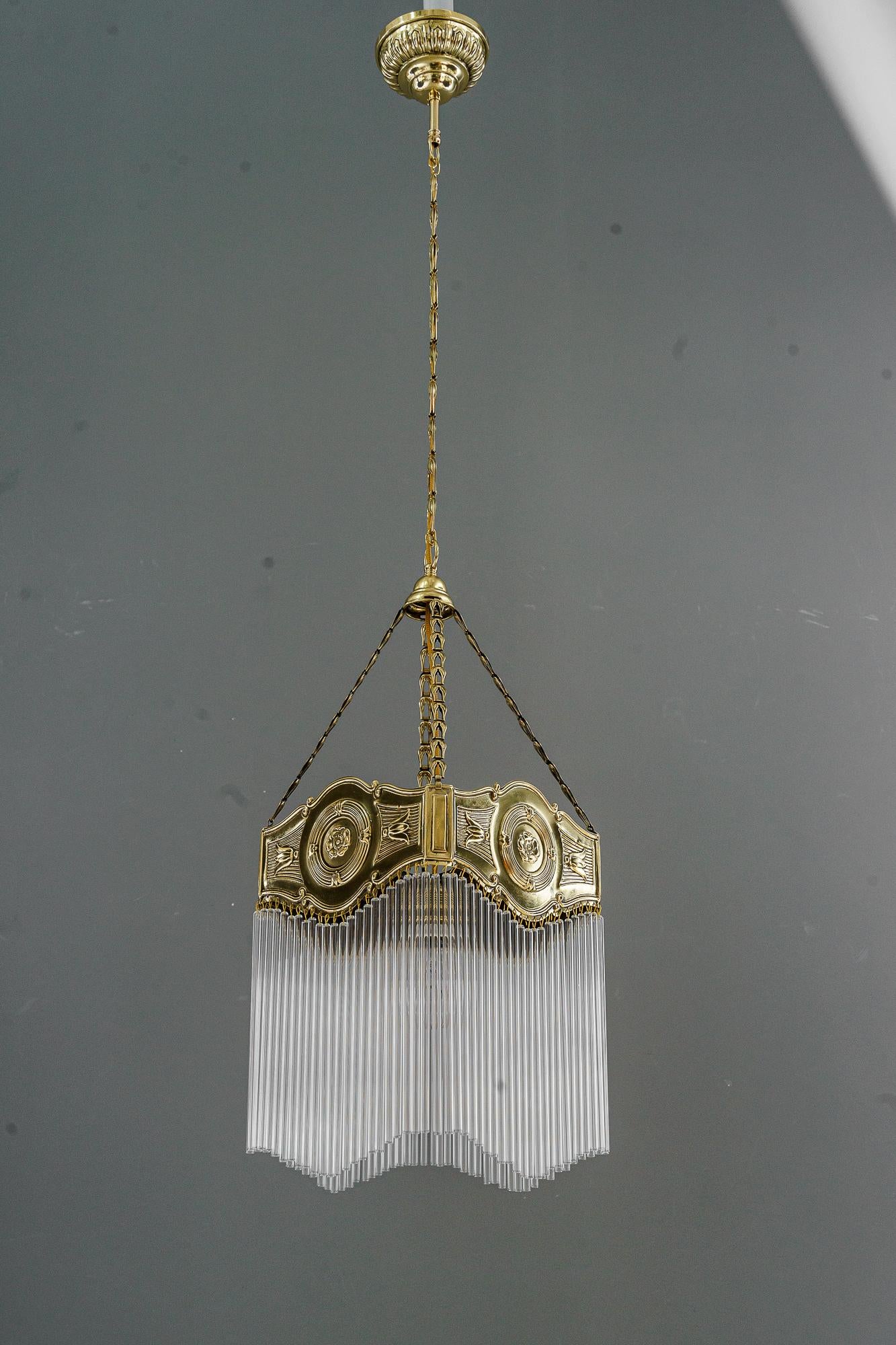 Polished Art Deco hanging lamp with glass sticks vienna around 1920s For Sale