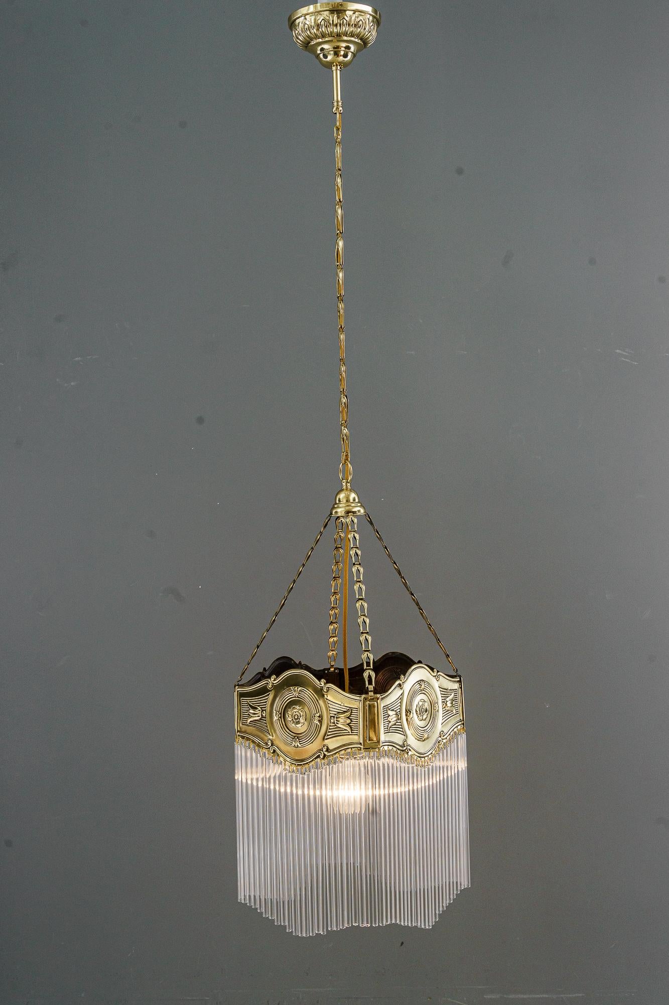 Brass Art Deco hanging lamp with glass sticks vienna around 1920s For Sale