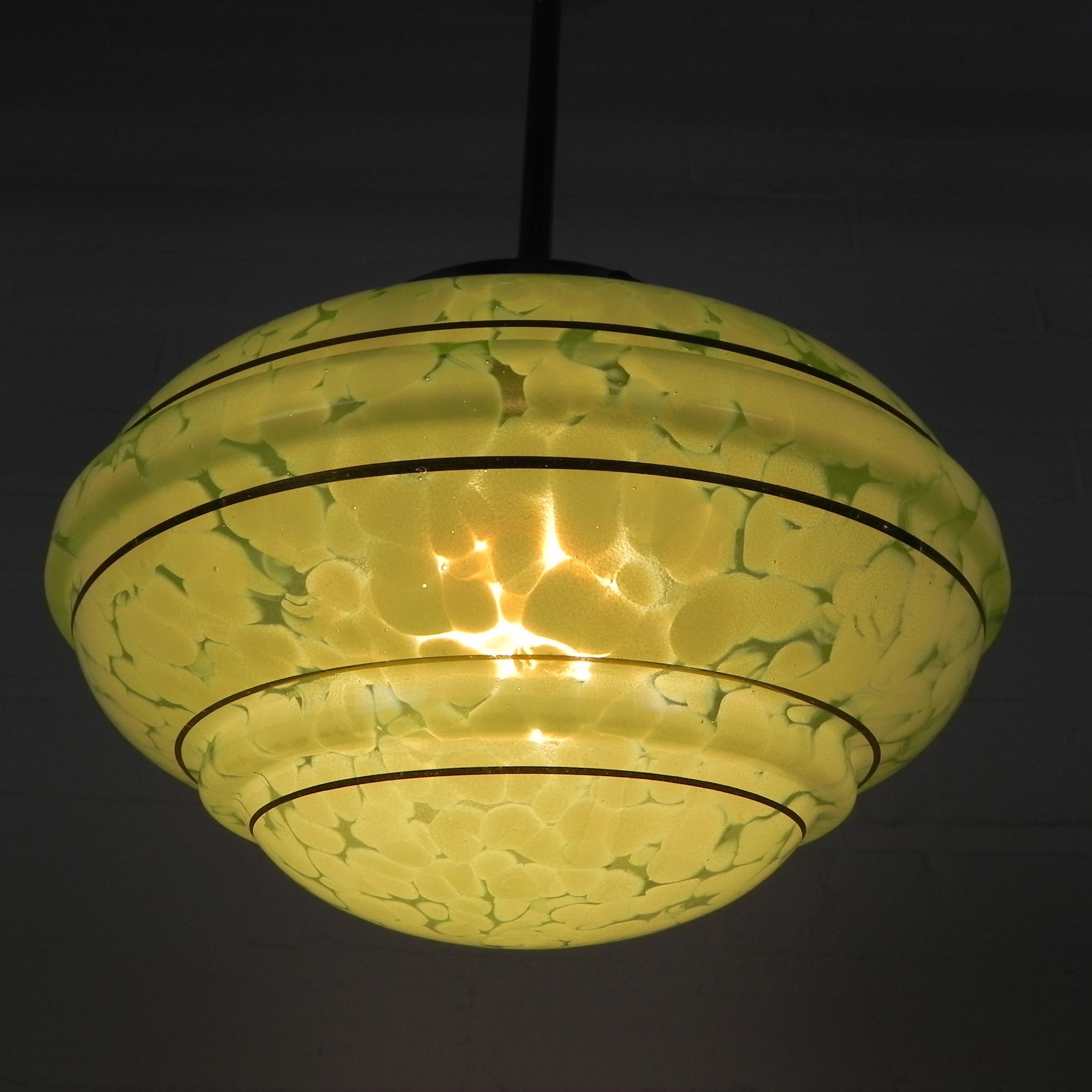 Art Deco hanging lamp with green cloudy glass shade, 1930s For Sale 5