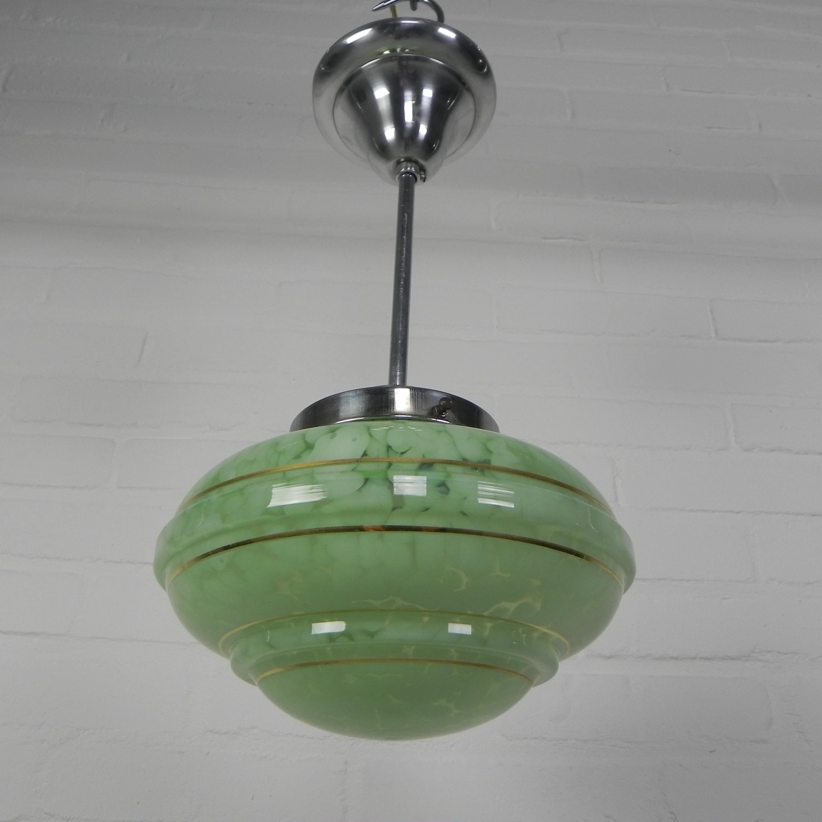 Art Deco hanging lamp with green cloudy glass shade, 1930s For Sale 6