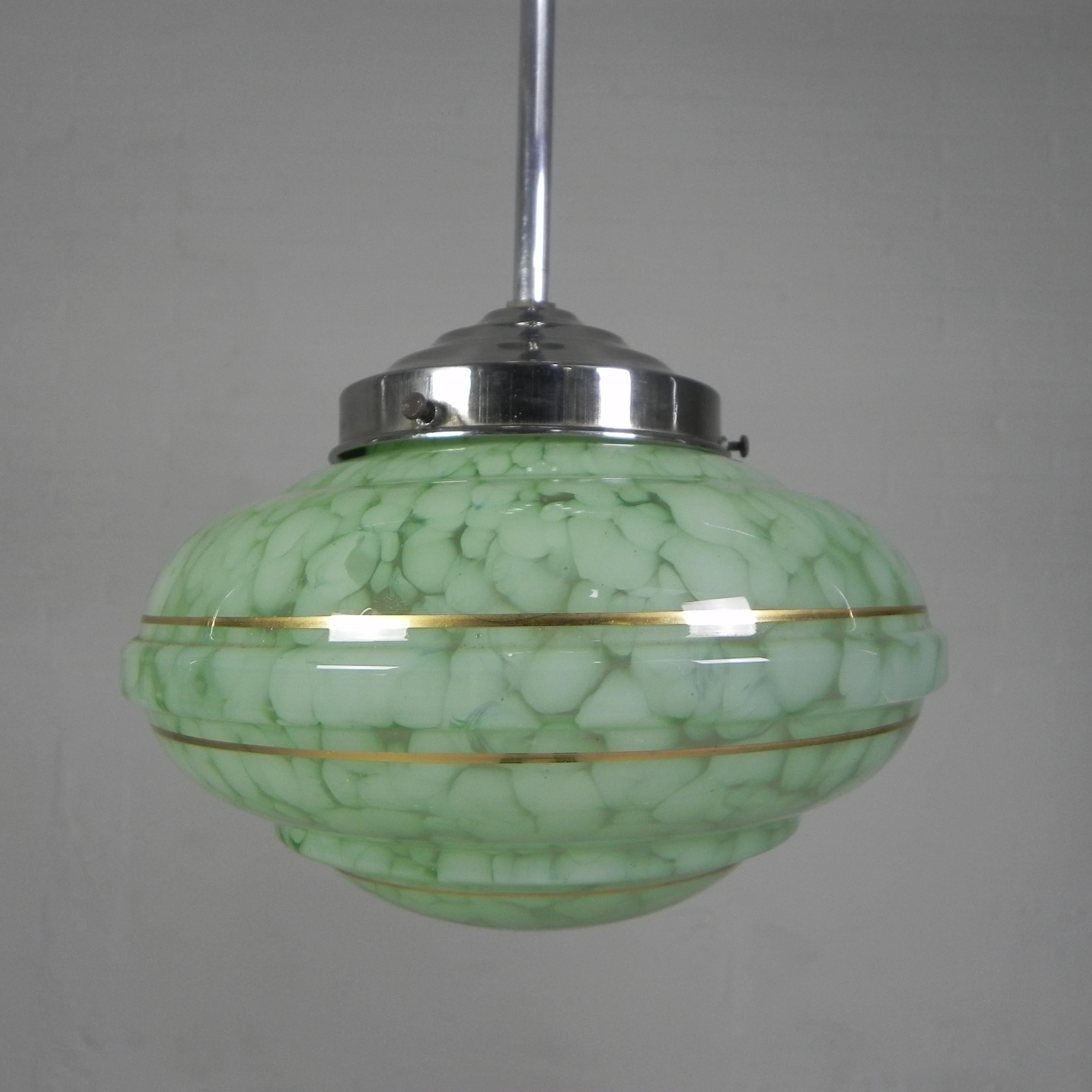 European Art Deco hanging lamp with green cloudy glass shade, 1930s For Sale