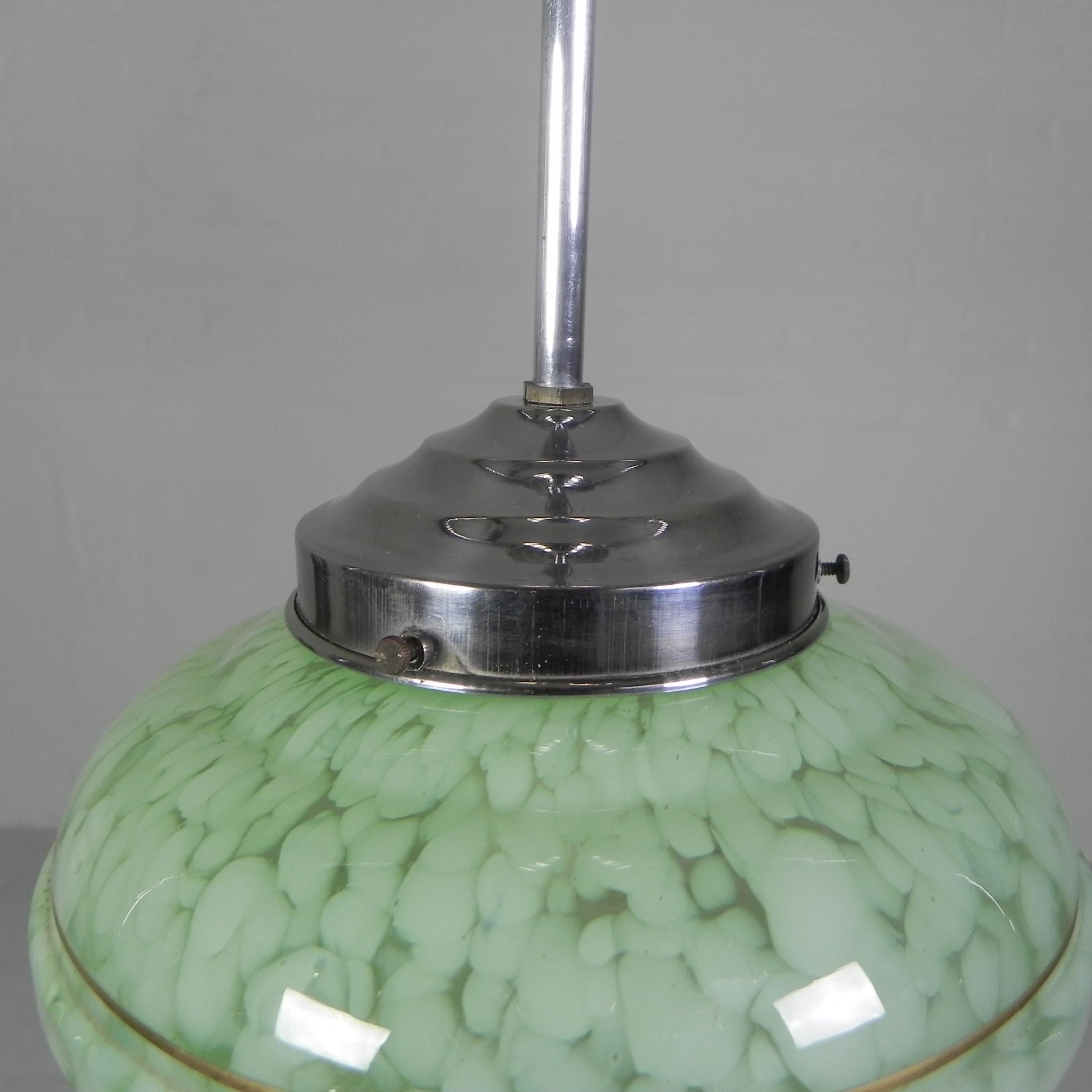 Mid-20th Century Art Deco hanging lamp with green cloudy glass shade, 1930s For Sale
