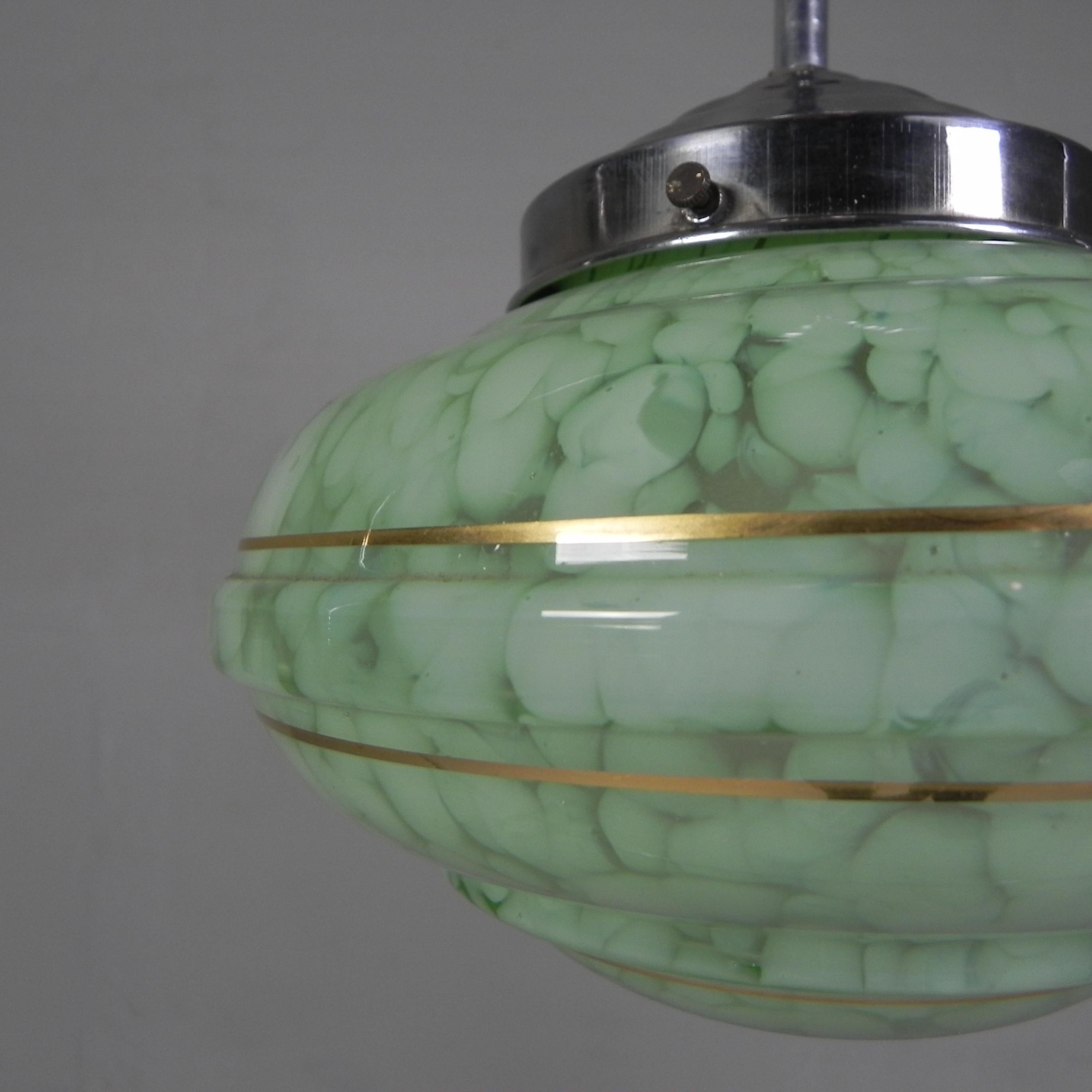 Art Deco hanging lamp with green cloudy glass shade, 1930s For Sale 1