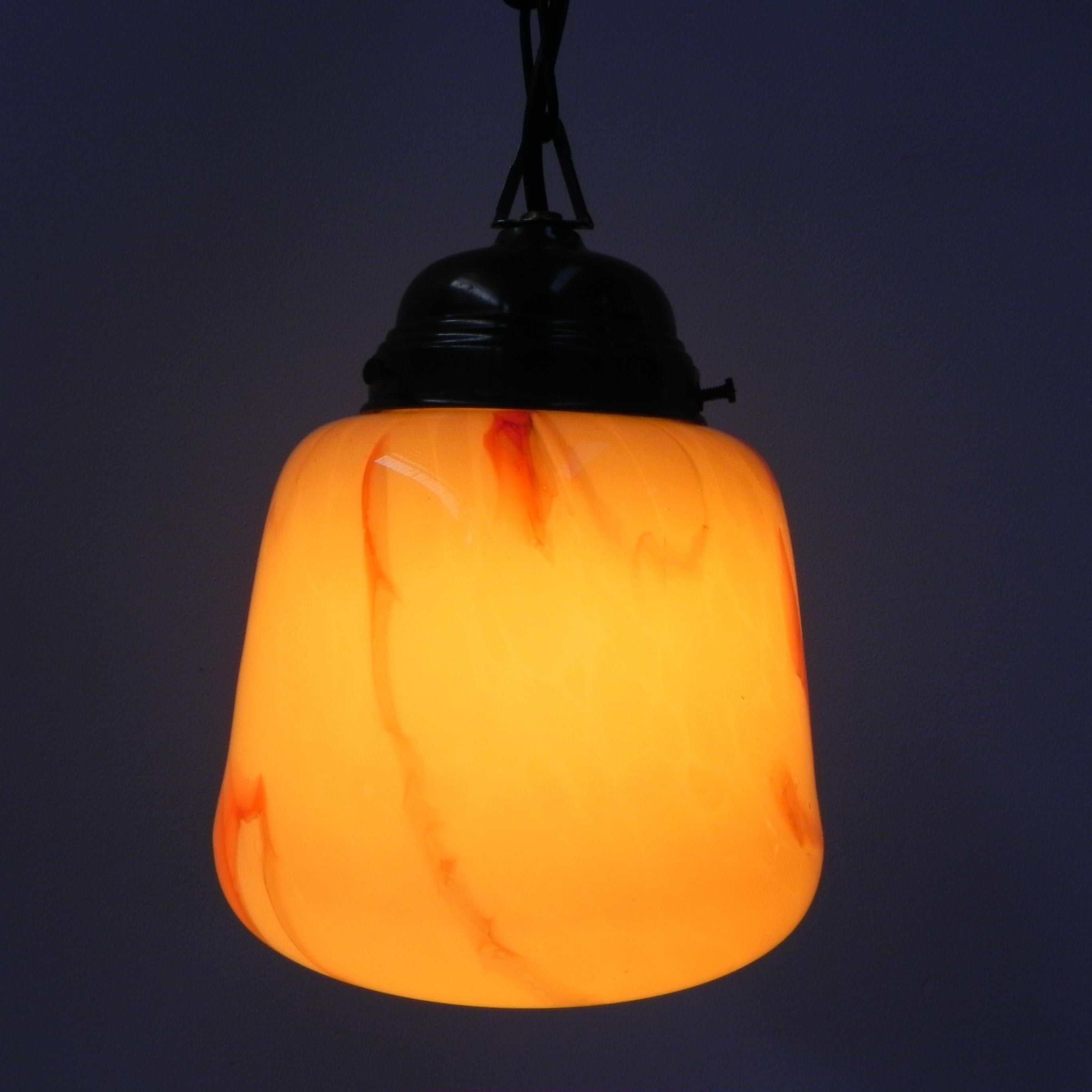 Art Deco hanging lamp with marbled glass shade For Sale 5