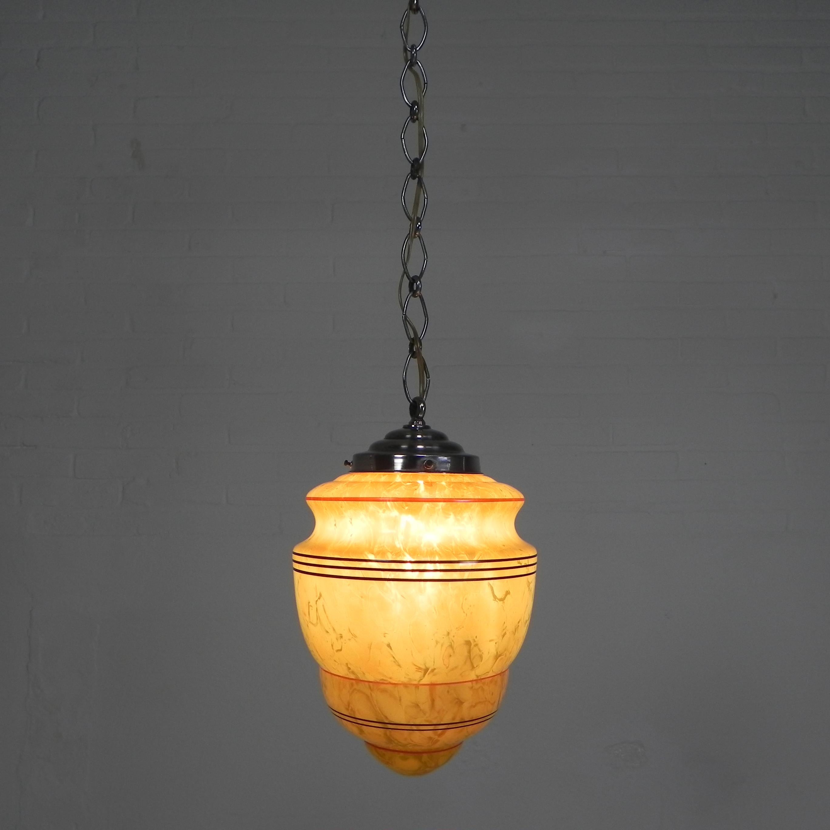 Art Deco hanging lamp with marbled glass shade For Sale 7