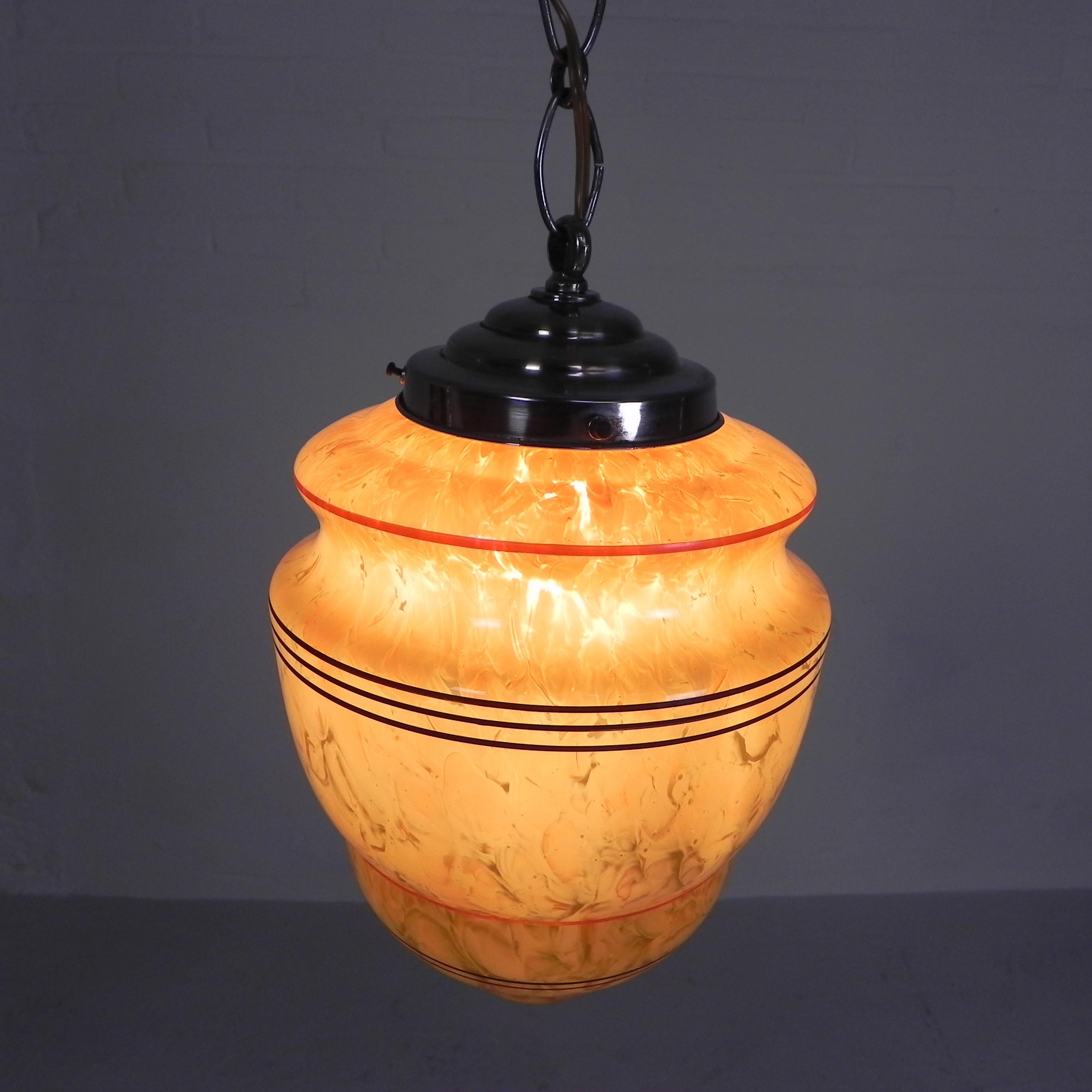 Art Deco hanging lamp with marbled glass shade For Sale 9