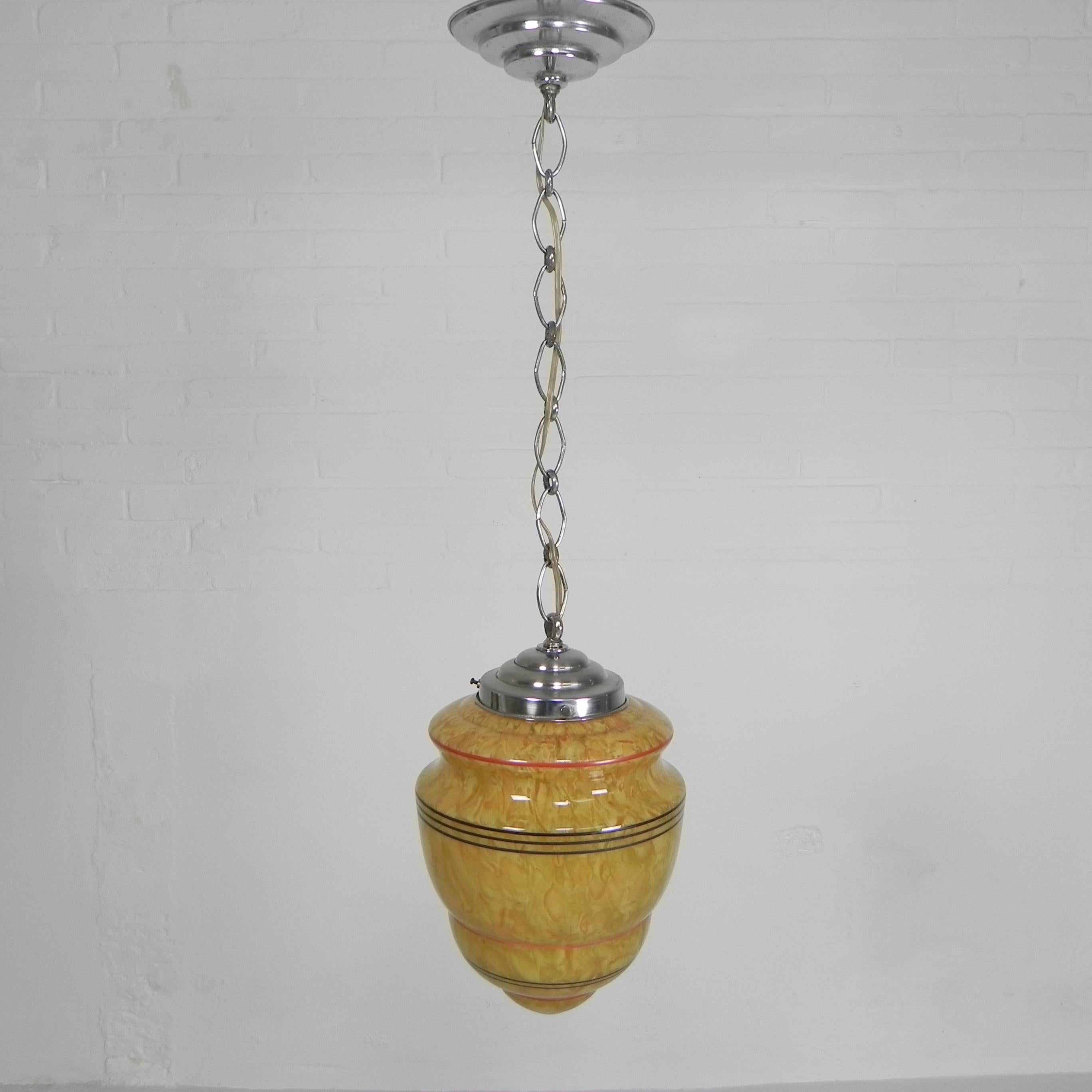Art Deco hanging lamp with marbled glass shade In Good Condition For Sale In EINDHOVEN, NL