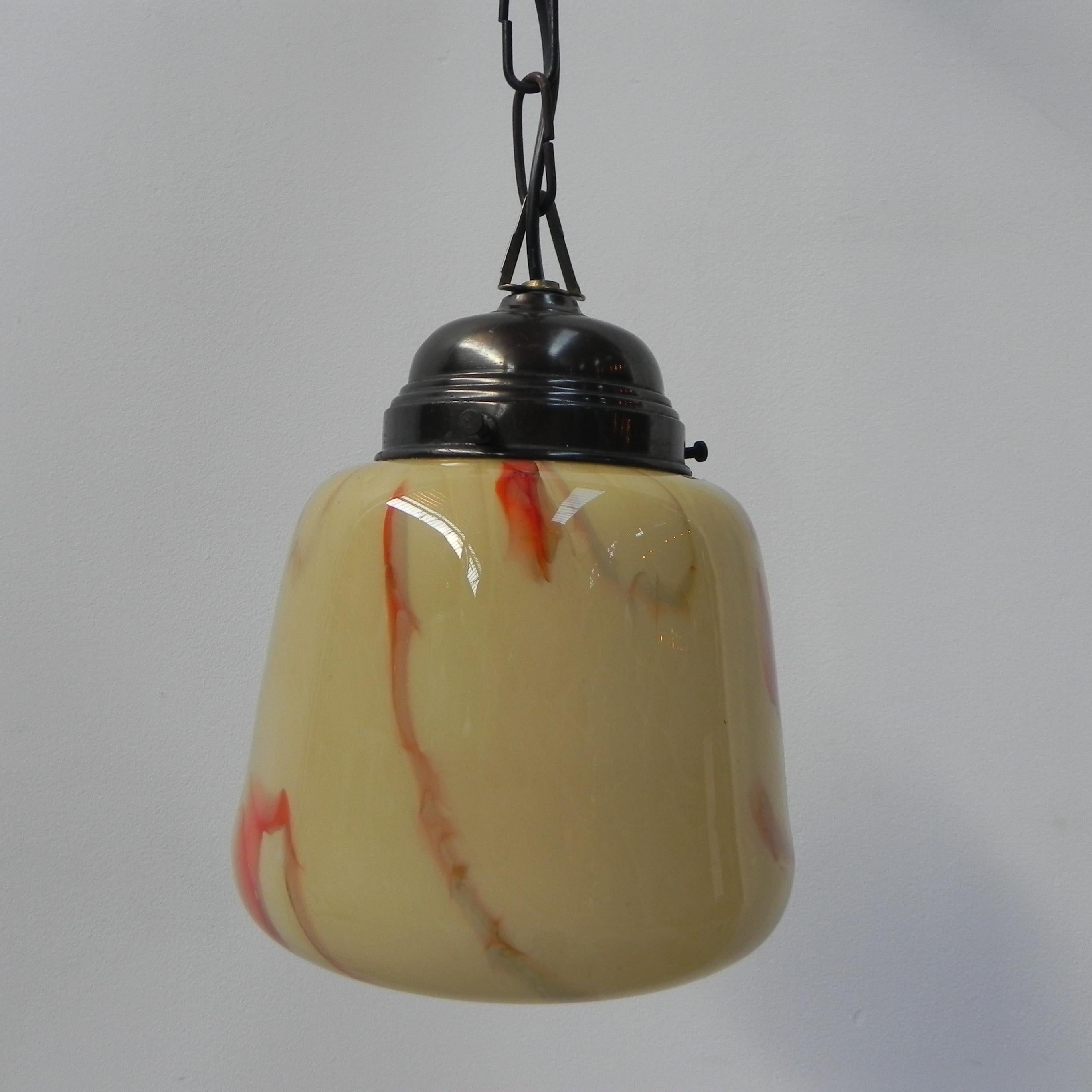 Belgian Art Deco hanging lamp with marbled glass shade For Sale