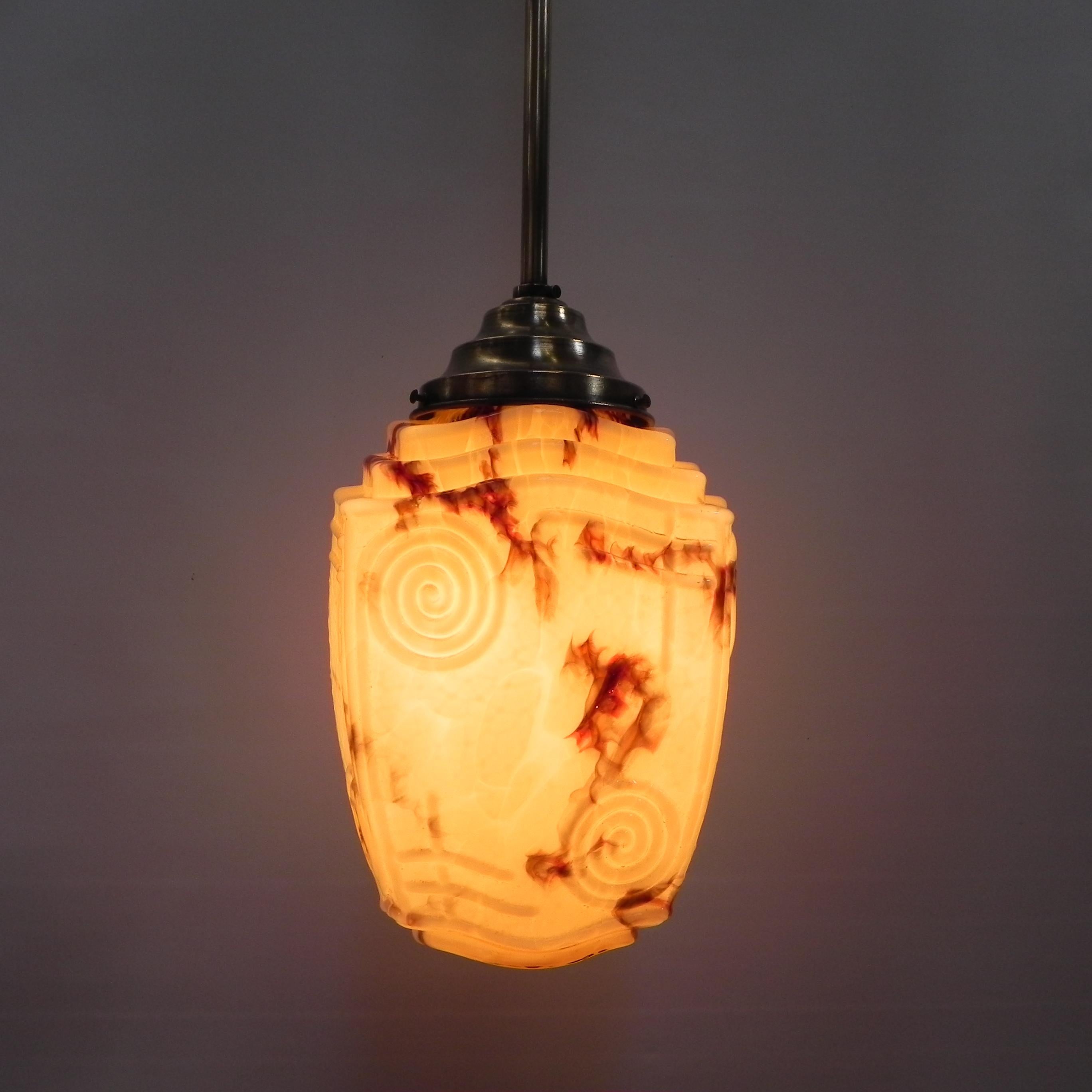 Belgian Art Deco hanging lamp with marbled glass shade For Sale