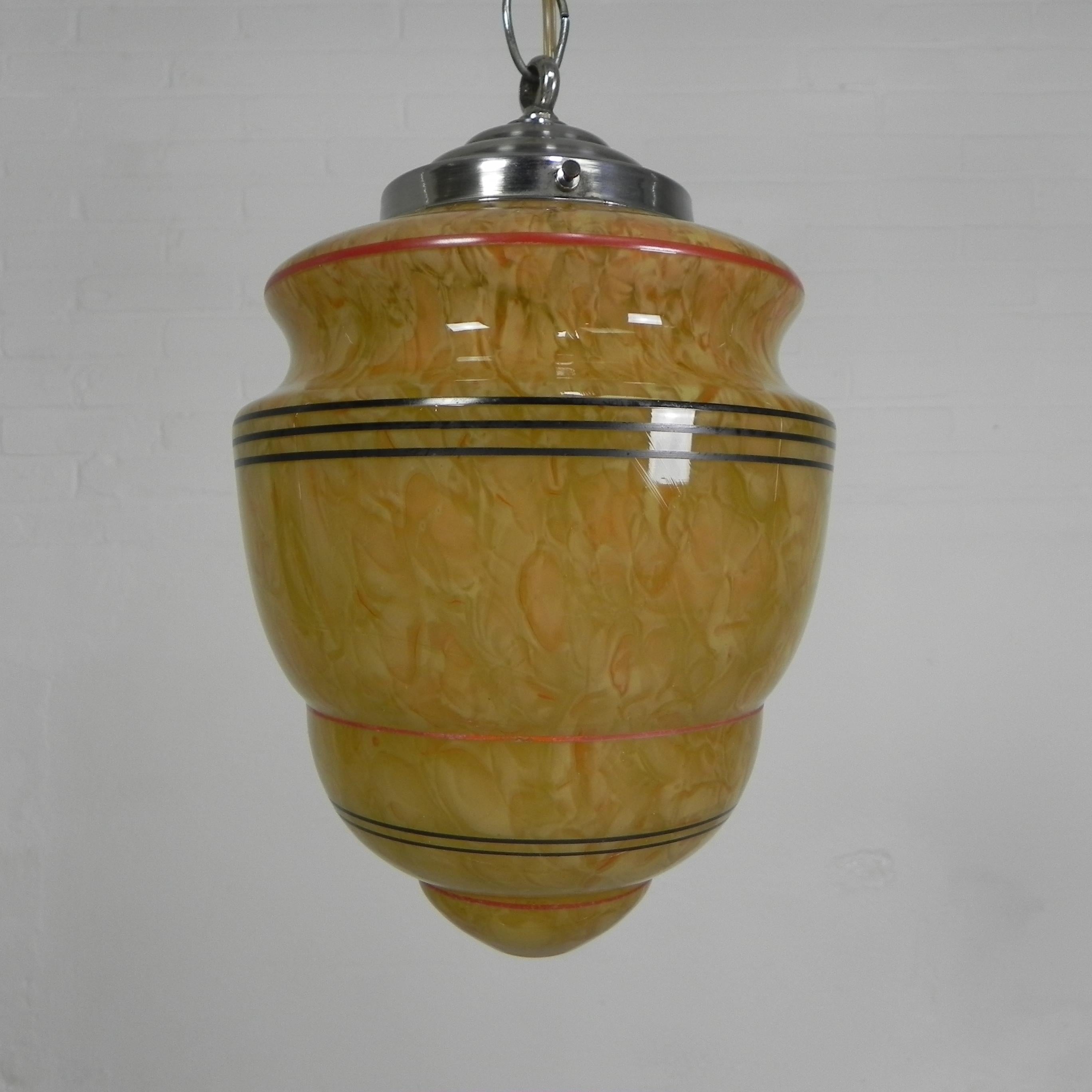 Mid-20th Century Art Deco hanging lamp with marbled glass shade For Sale