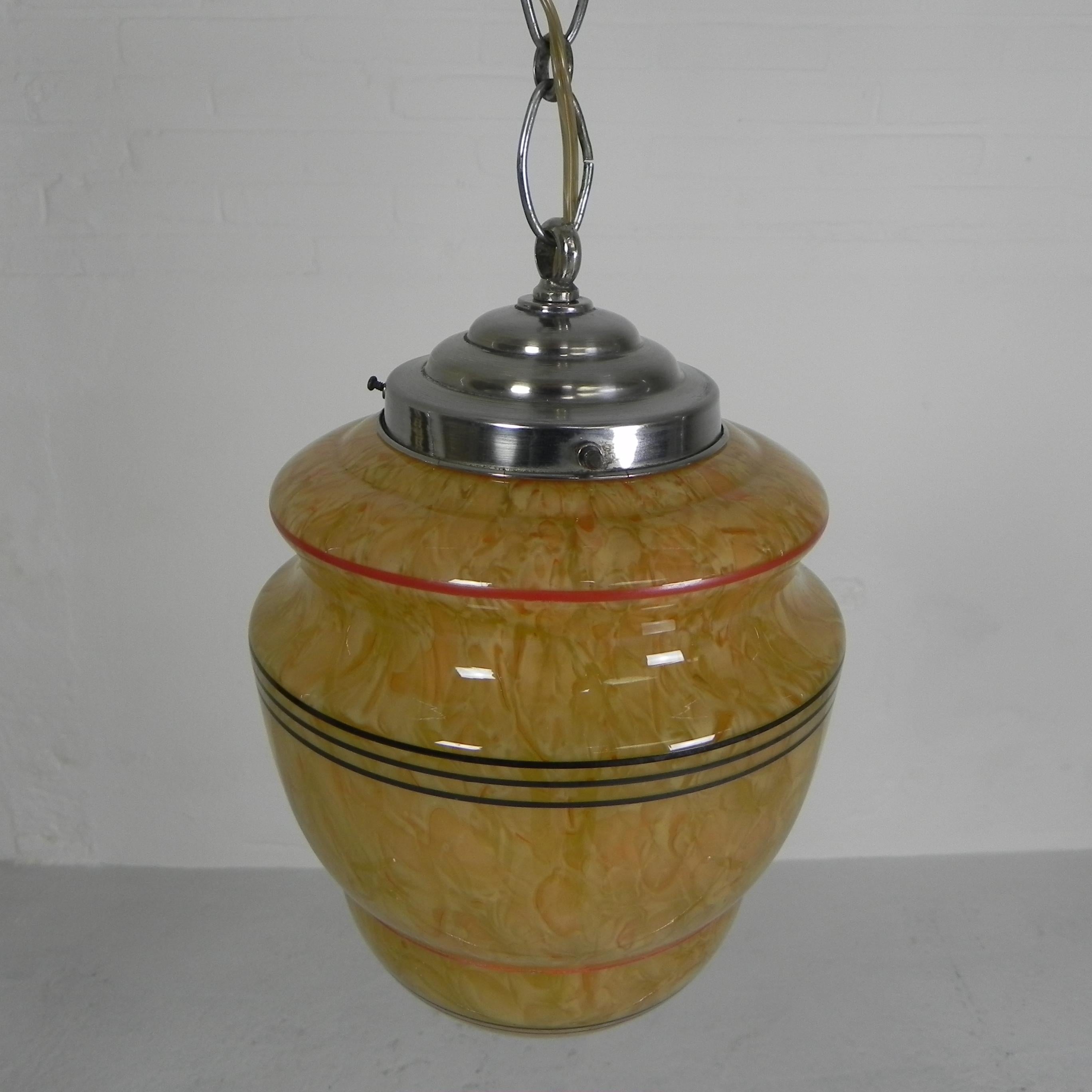 Glass Art Deco hanging lamp with marbled glass shade For Sale