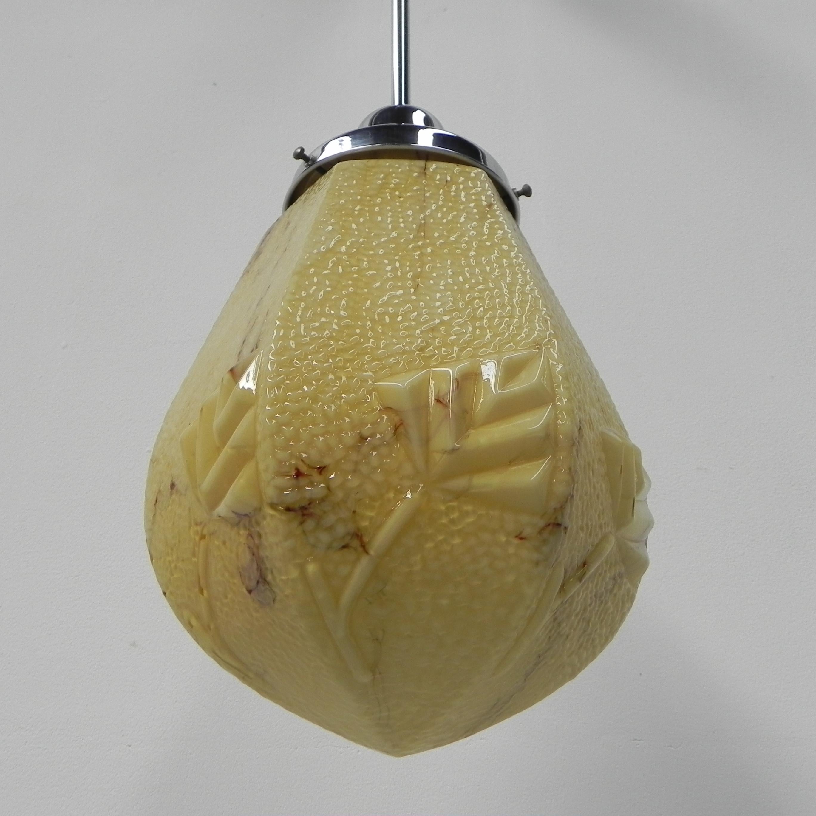 European Art Deco Hanging Lamp with Marbled Hexagonal Shade For Sale