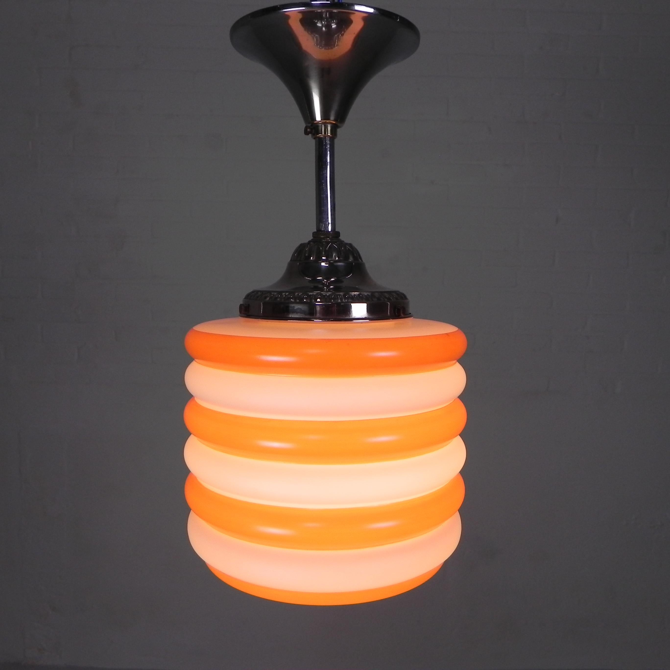 Art Deco hanging lamp with orange stripes, 1930s For Sale 4