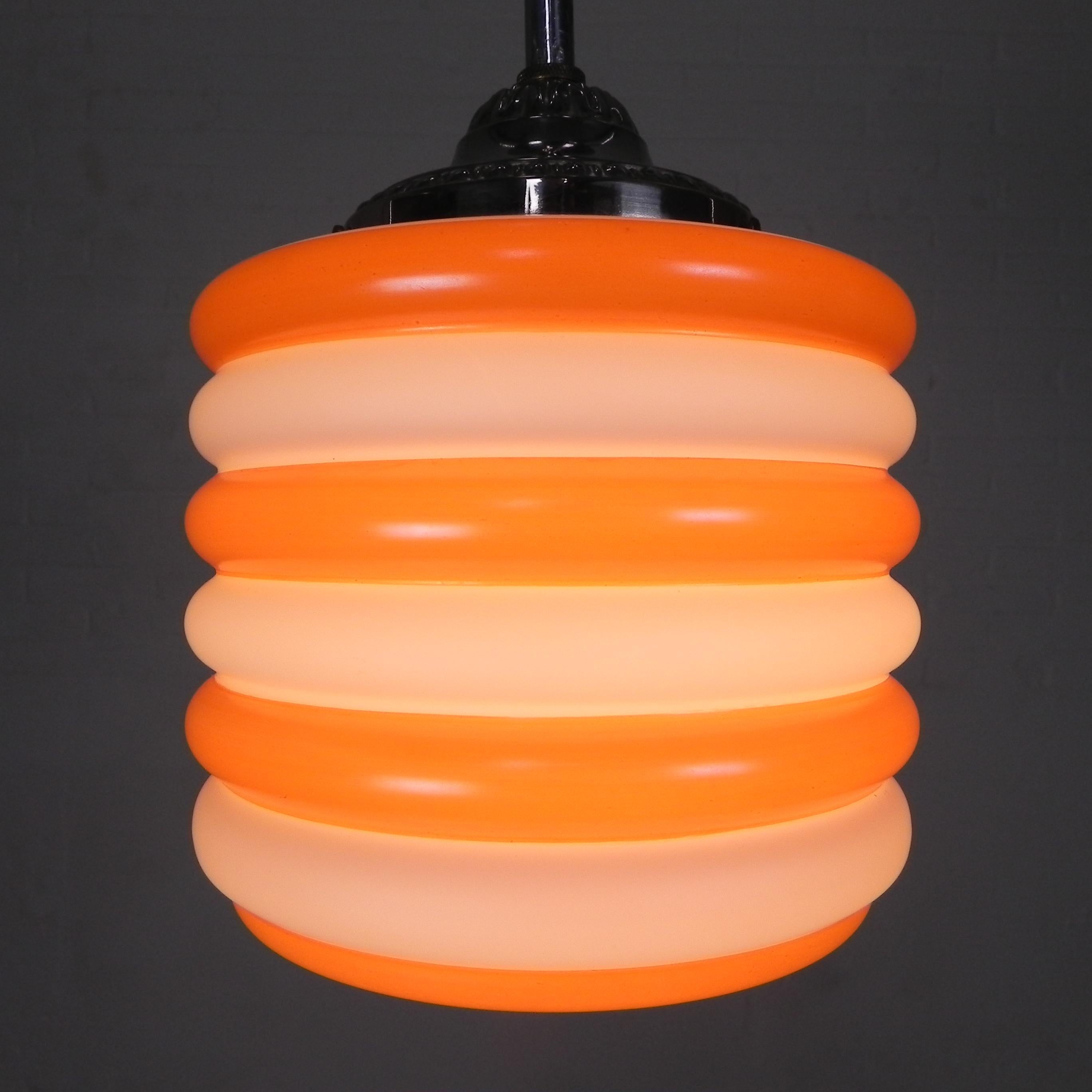 Art Deco hanging lamp with orange stripes, 1930s For Sale 5