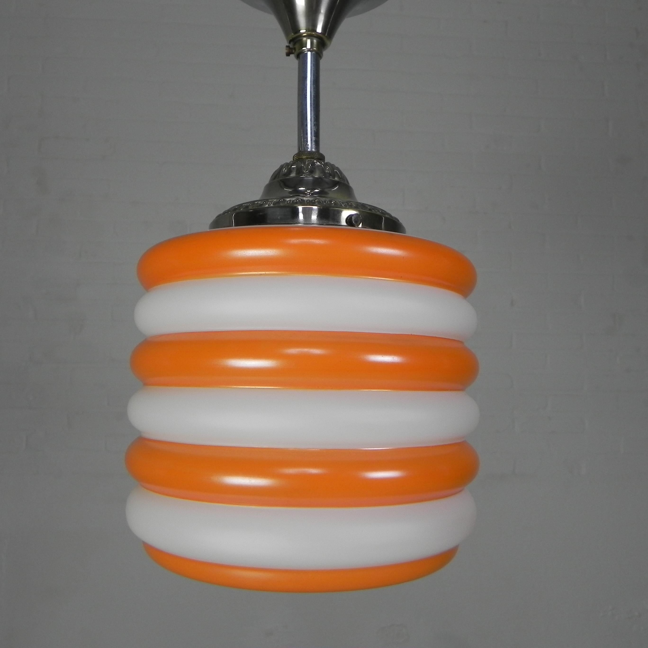 French Art Deco hanging lamp with orange stripes, 1930s For Sale