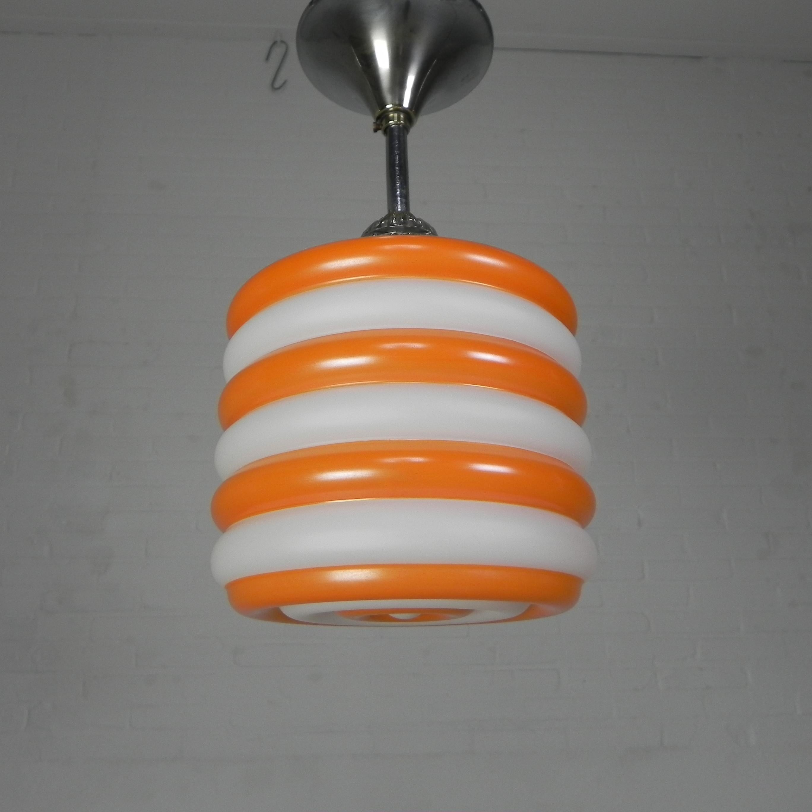 Art Deco hanging lamp with orange stripes, 1930s In Good Condition For Sale In EINDHOVEN, NL