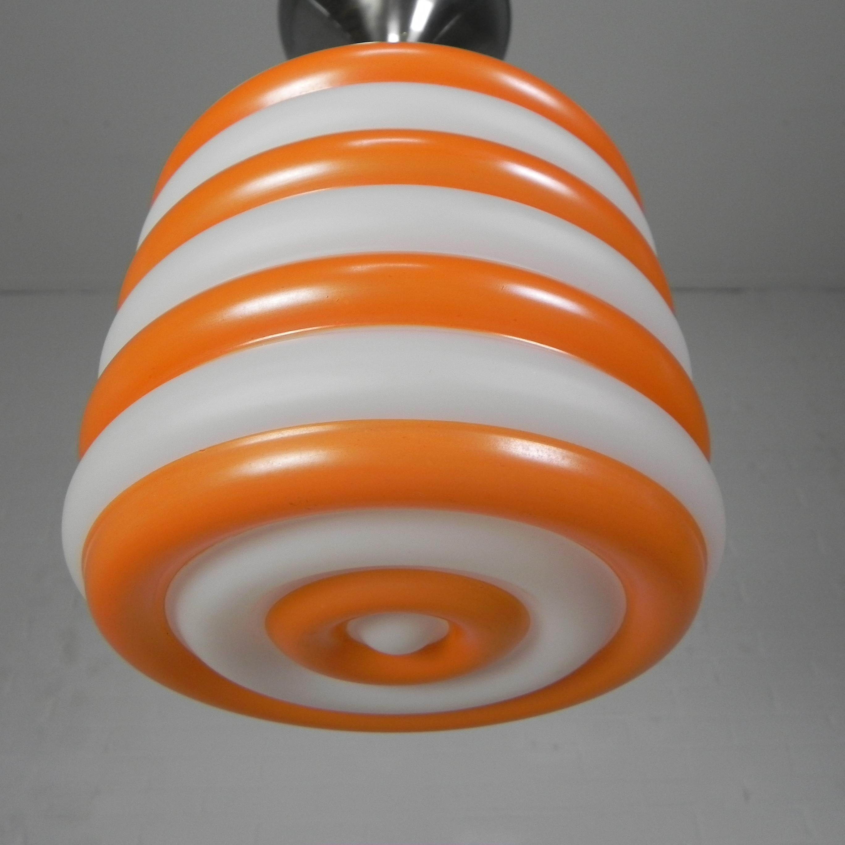 Brass Art Deco hanging lamp with orange stripes, 1930s For Sale