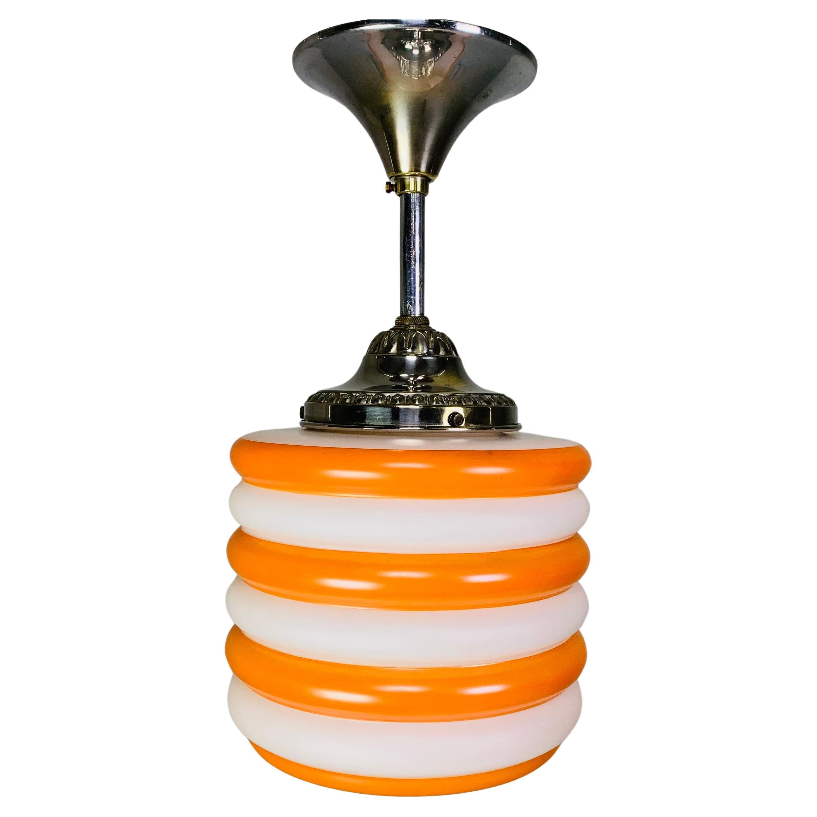 Art Deco hanging lamp with orange stripes, 1930s For Sale