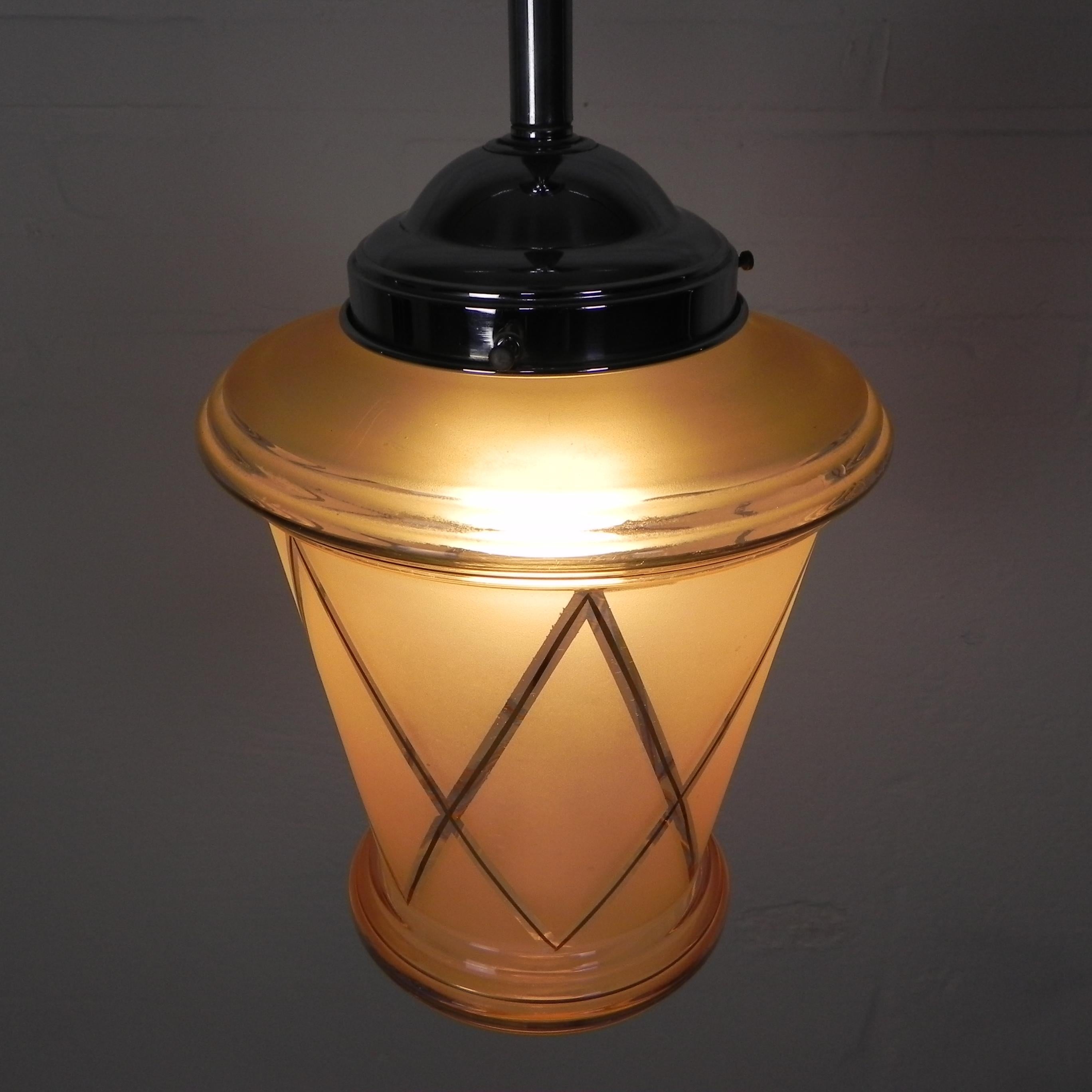 Art Deco hanging lamp with pink glass shade, 1930s For Sale 5