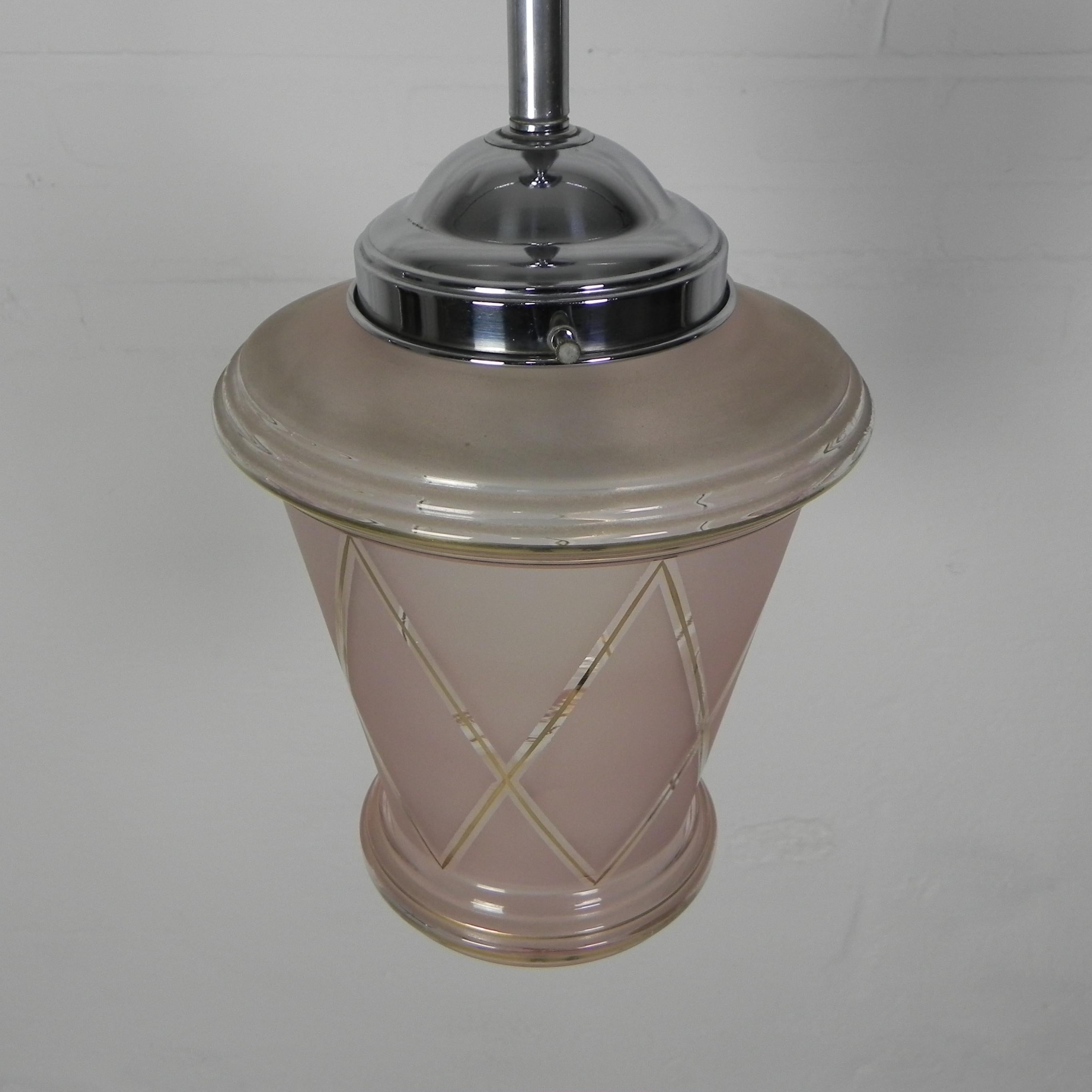 European Art Deco hanging lamp with pink glass shade, 1930s For Sale
