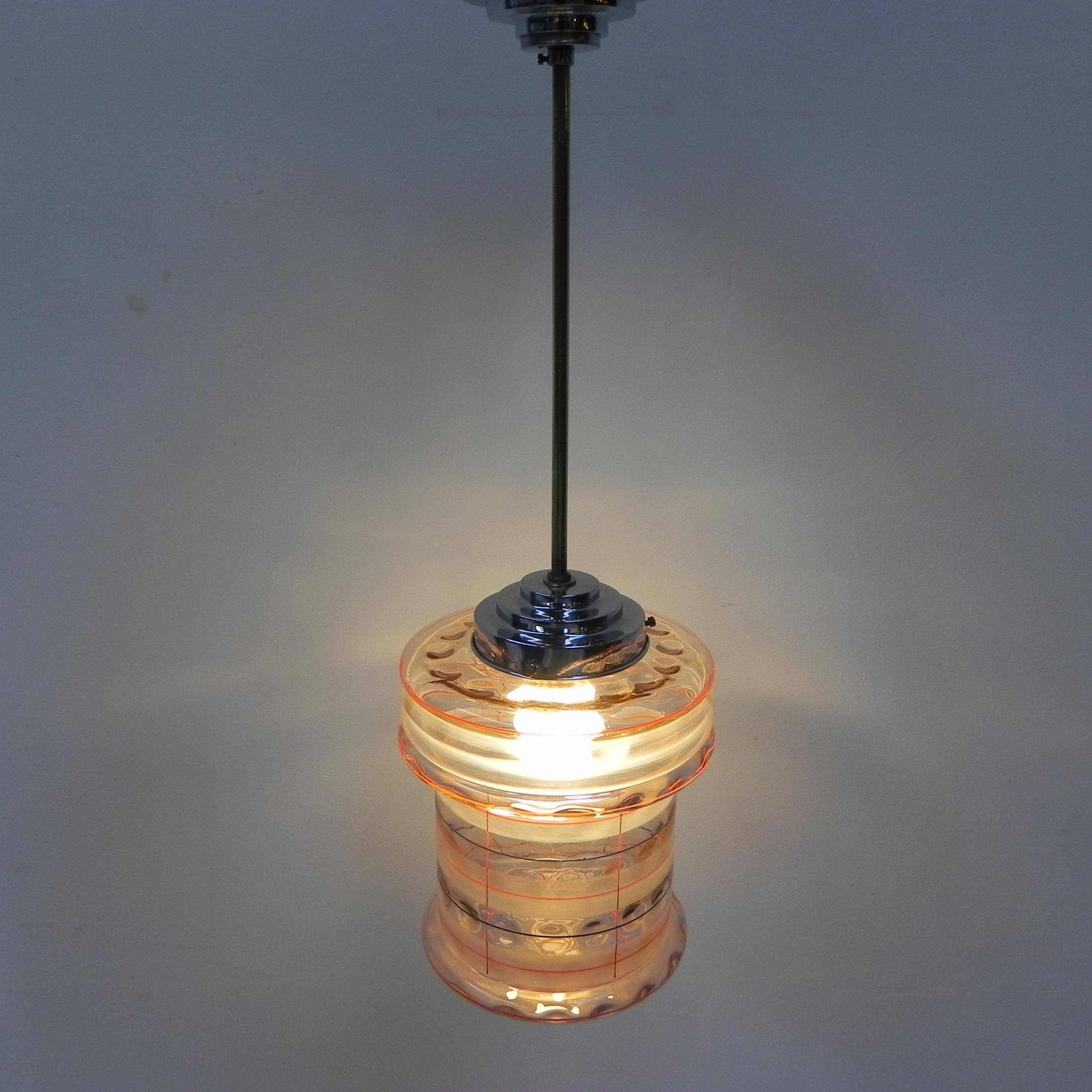 Art Deco hanging lamp with pink glass shade For Sale 8